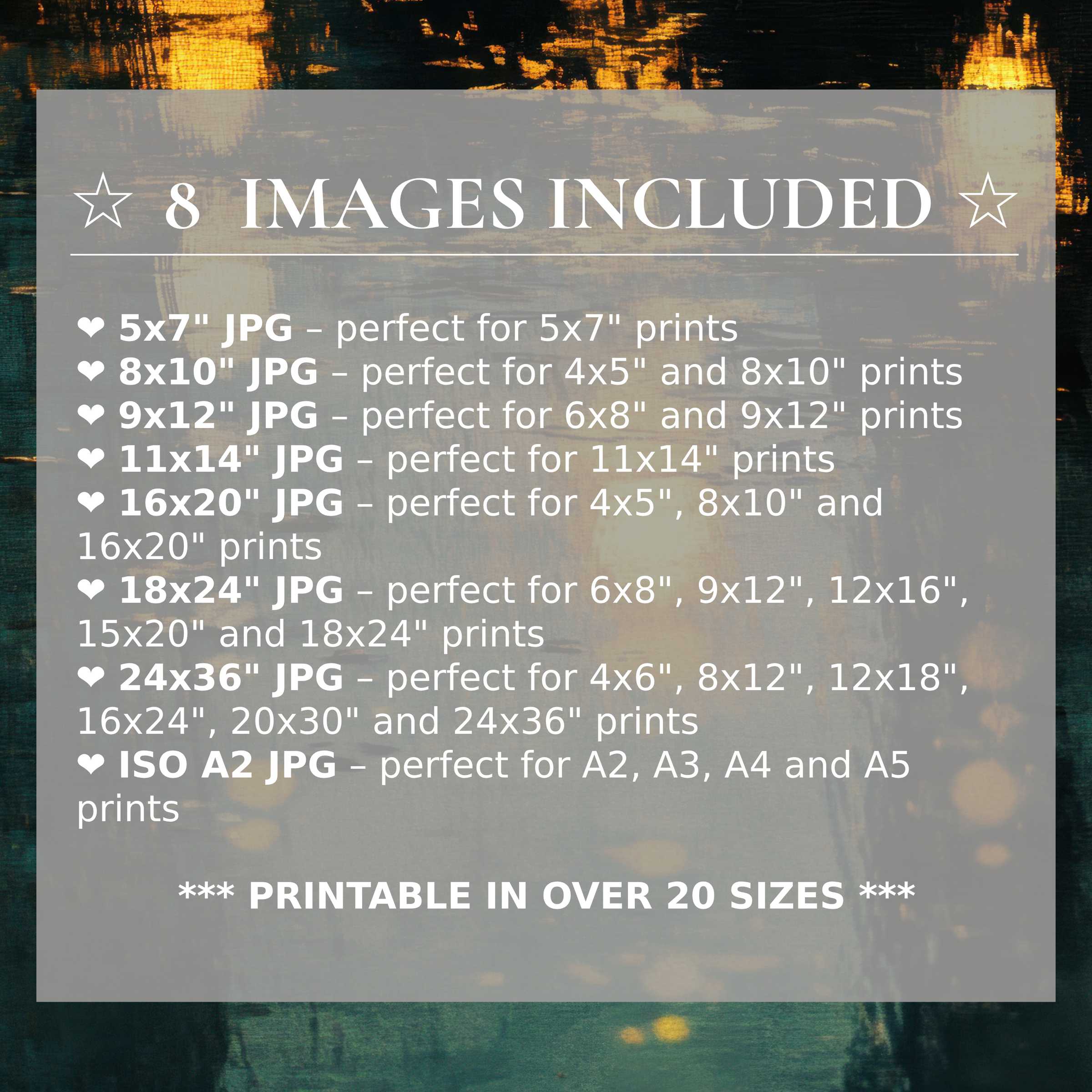 Urban digital print exuding radiant gold and deep teal hues, offered in 8 high-quality sizes for versatile modern interiors
