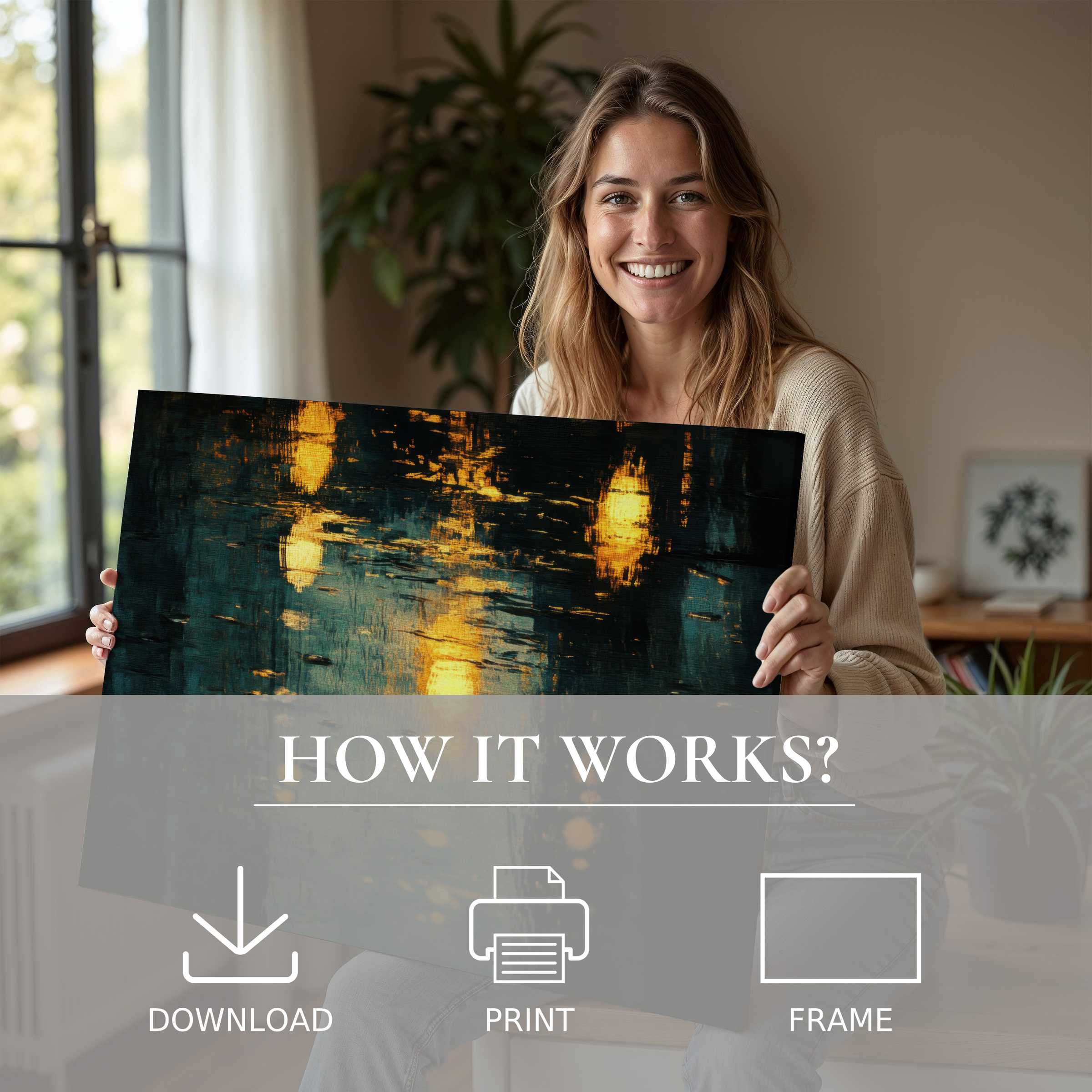 Elegant urban digital art print radiates warmth and serenity as it transforms a modern, sunlit home into a sanctuary of joyful connection