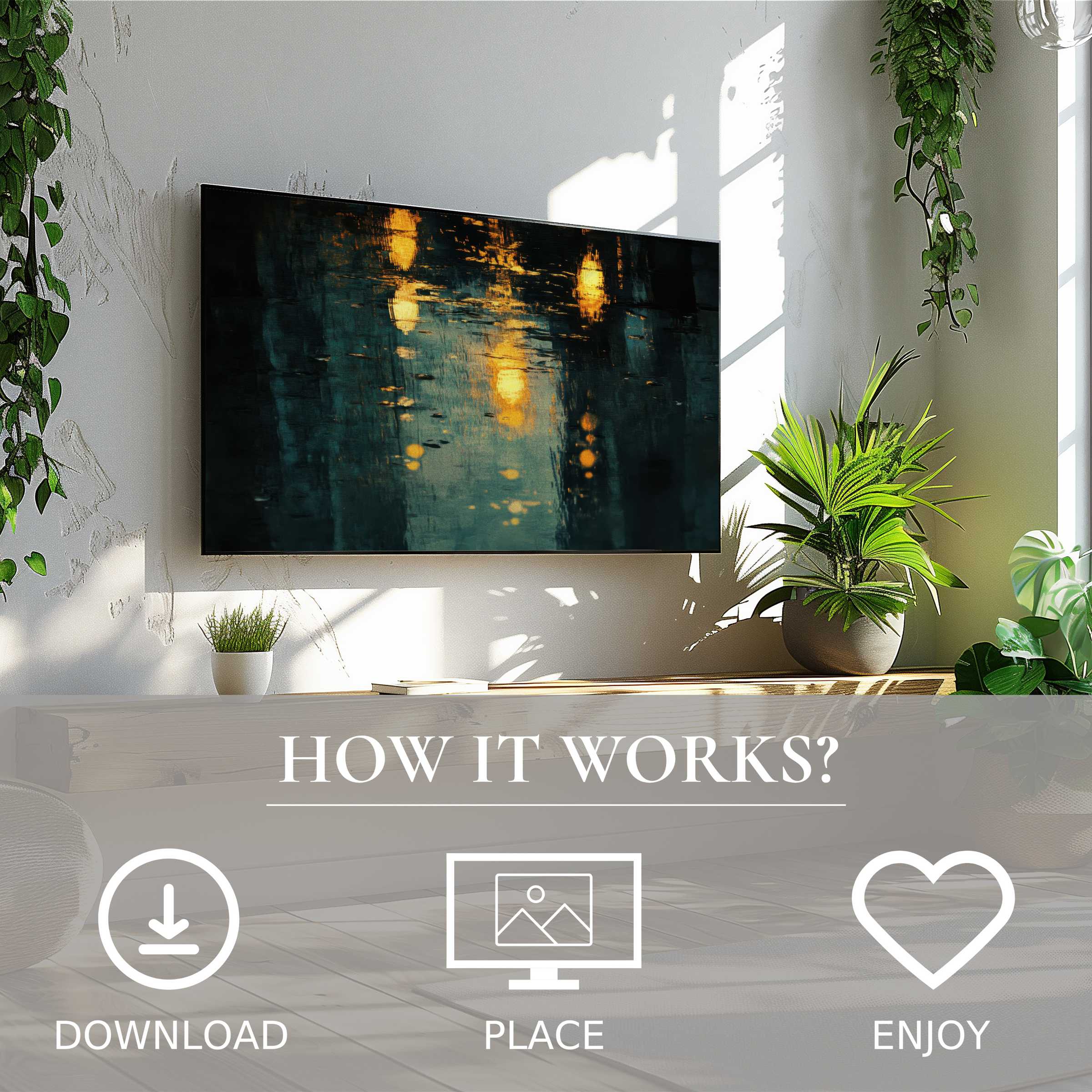 Modern living room with lush plants and urban art for Samsung TV; digital download shows soft glowing light motif
