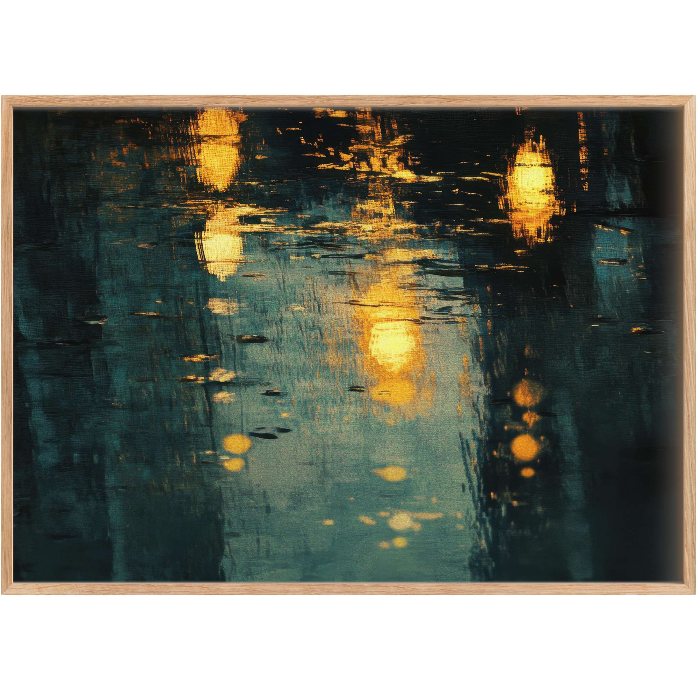 Evocative urban printable wall art glowing with amber light reflections over deep teal textures, adding a serene, sophisticated mood