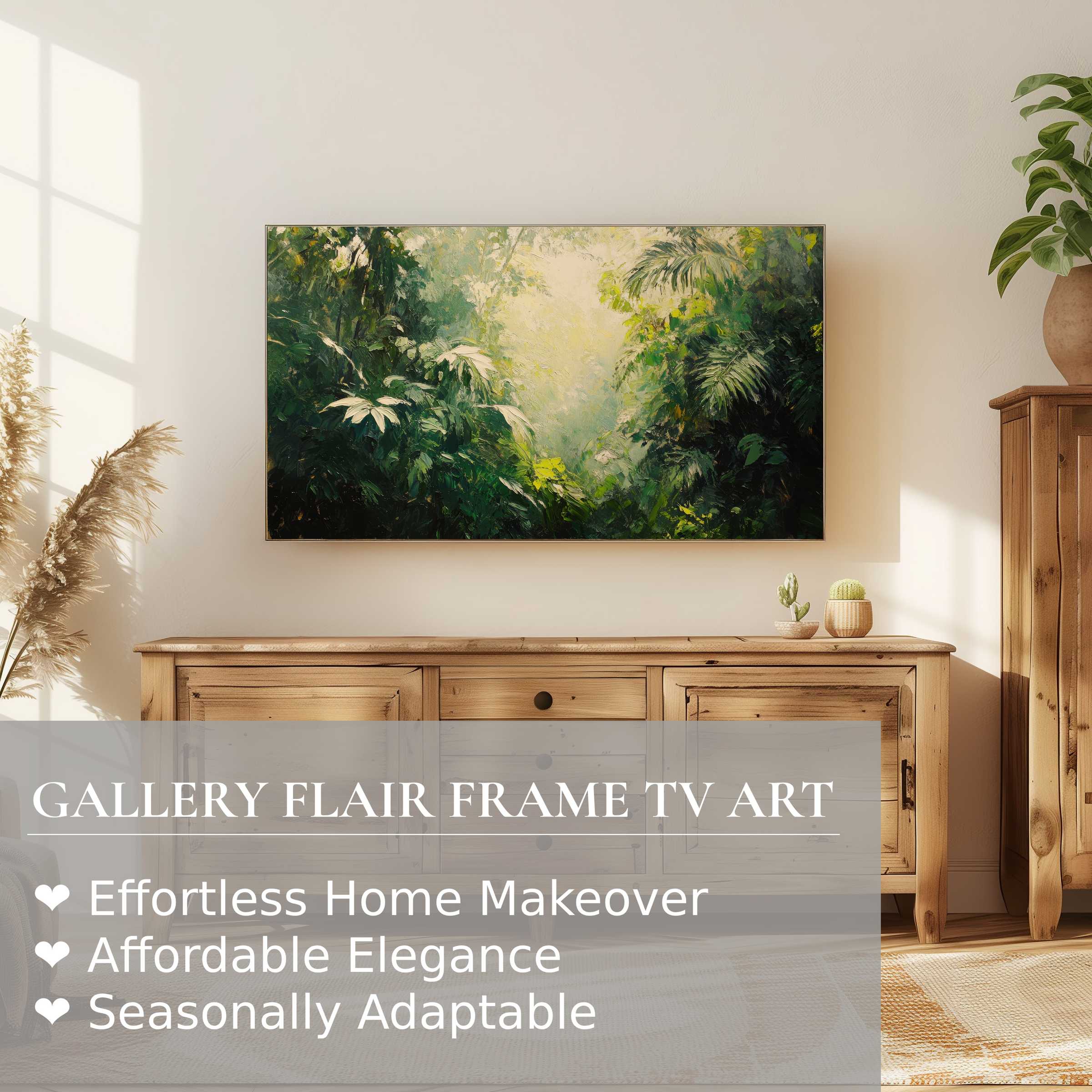 Elegant Samsung Frame TV displaying lush tree digital artwork, enhancing modern, warm, and natural home decor