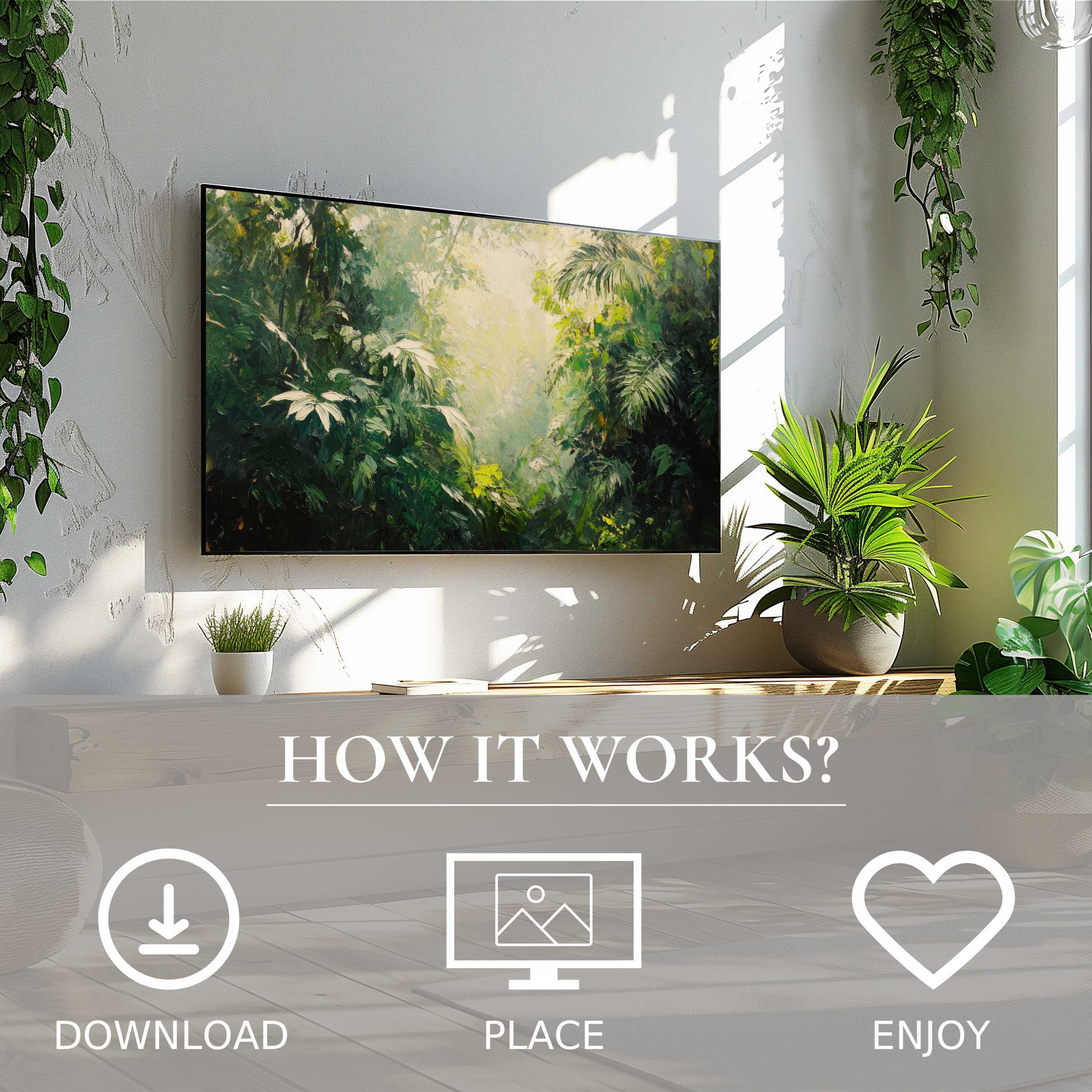 Tree art for Samsung TV with lush green motif, easy digital download, enriches modern living spaces with nature vibes