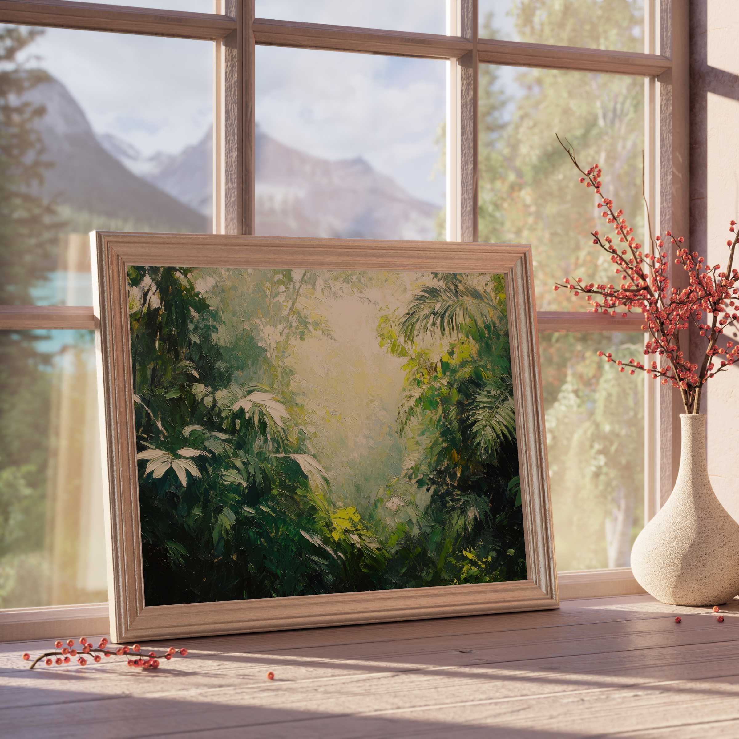 Lush tree downloadable art capturing serene forest light, enhancing elegant, tranquil living spaces with vibrant botanical depth