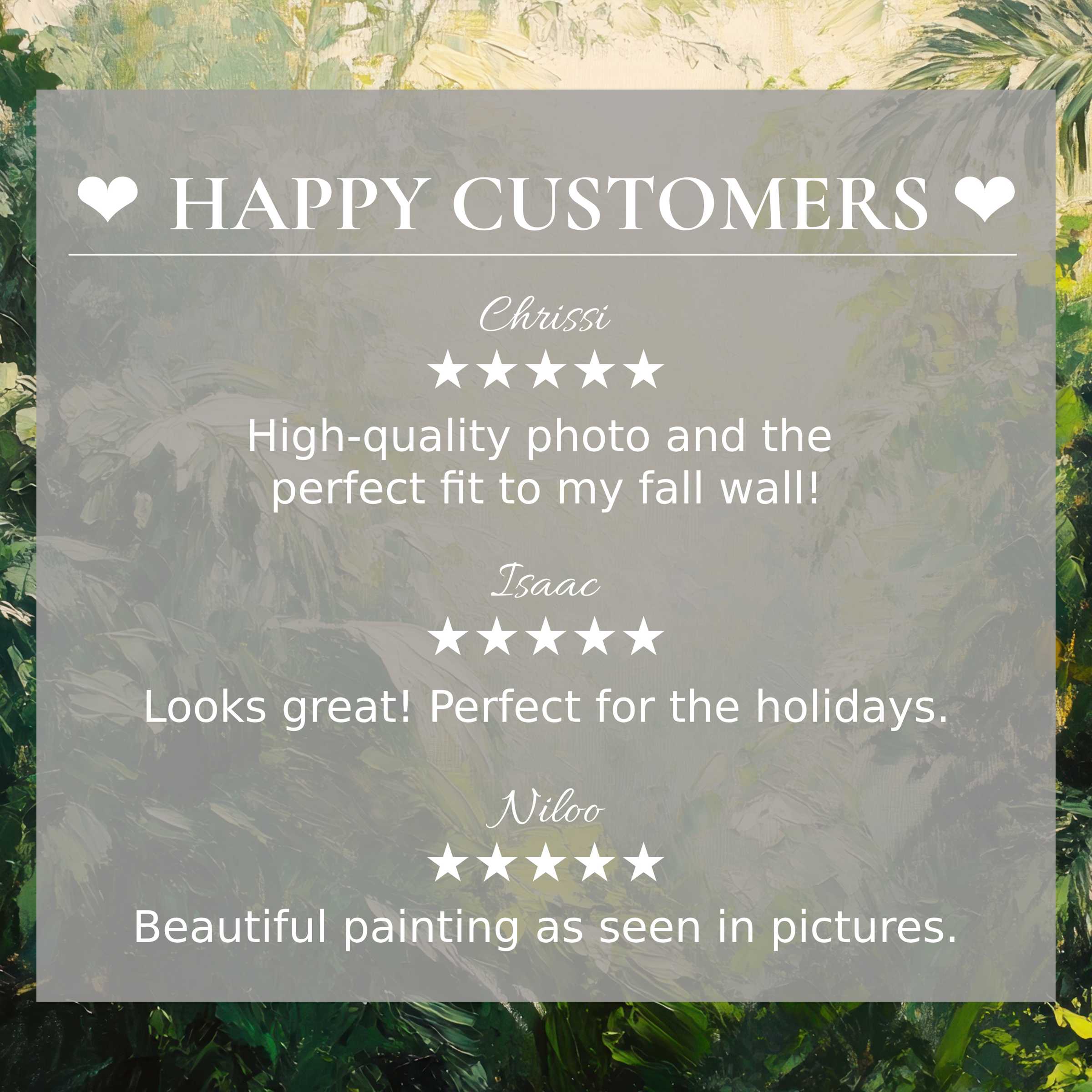 trees art for Frame TV with abstract sunset hues, showcasing happy customer reviews and elegant, trust-building design