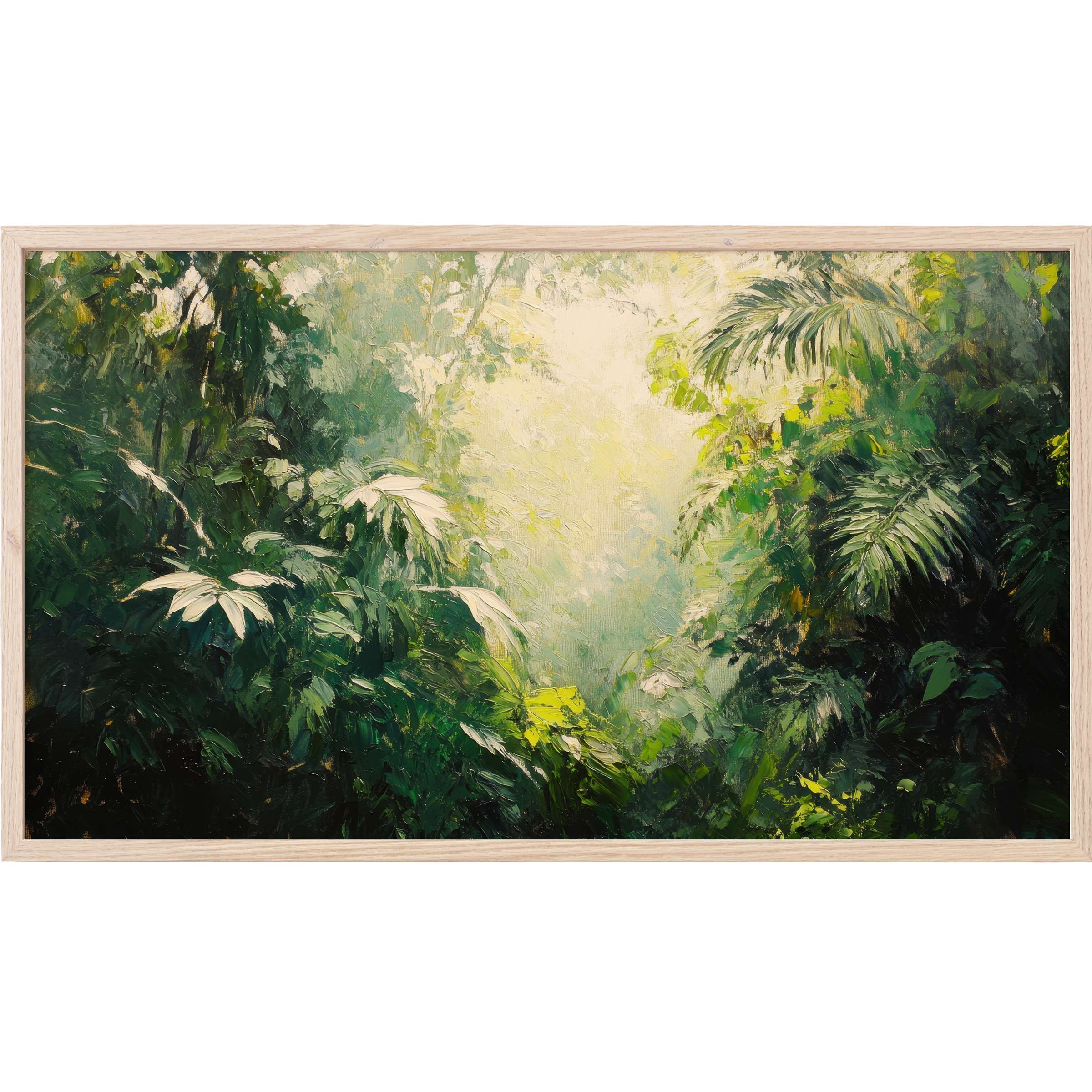 Lush green foliage in soft sunlight rendered in rich texture, a serene tree Frame TV Art for modern spaces