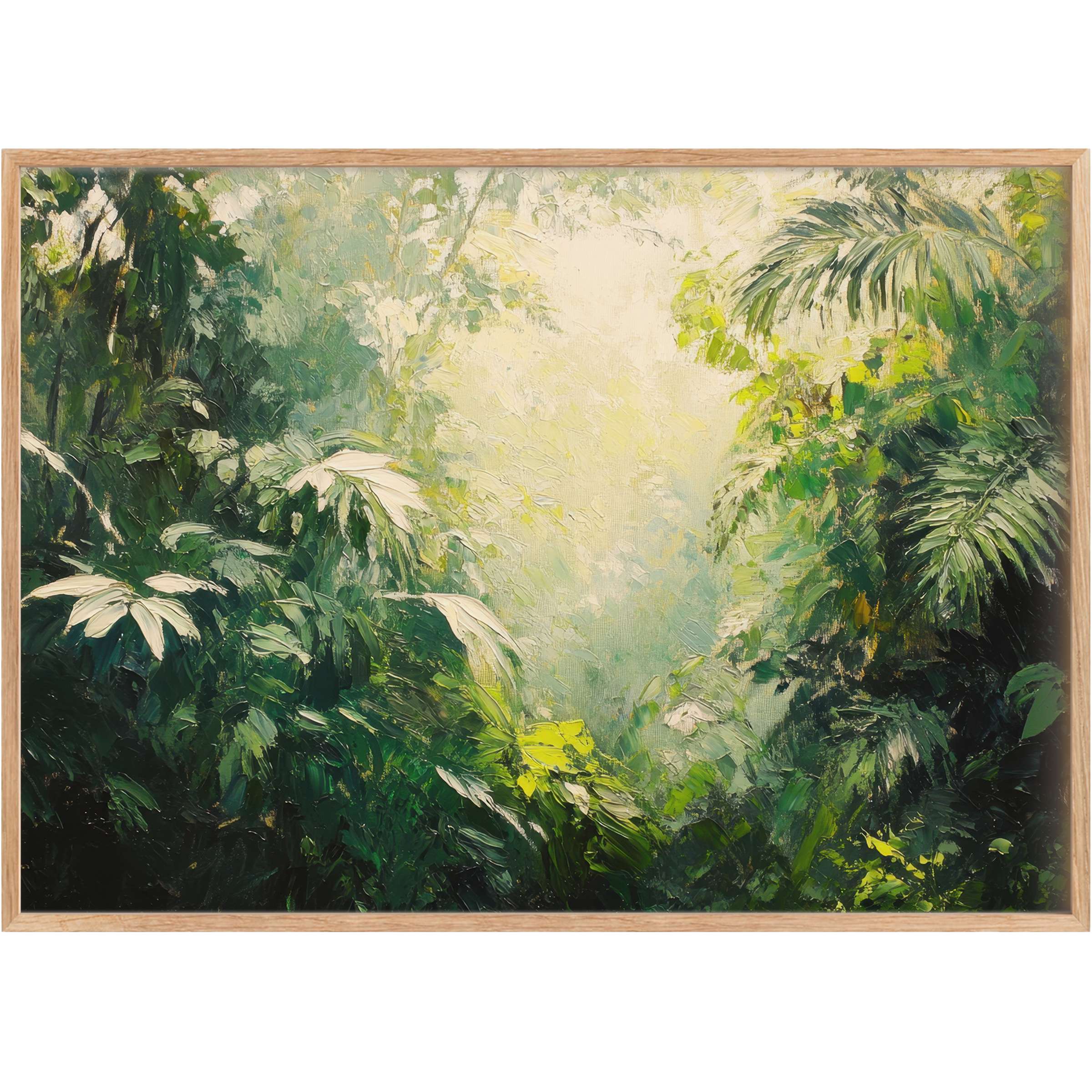 Lush tree printable wall art in rich greens and soft light, evoking a serene, rejuvenating tropical retreat vibe