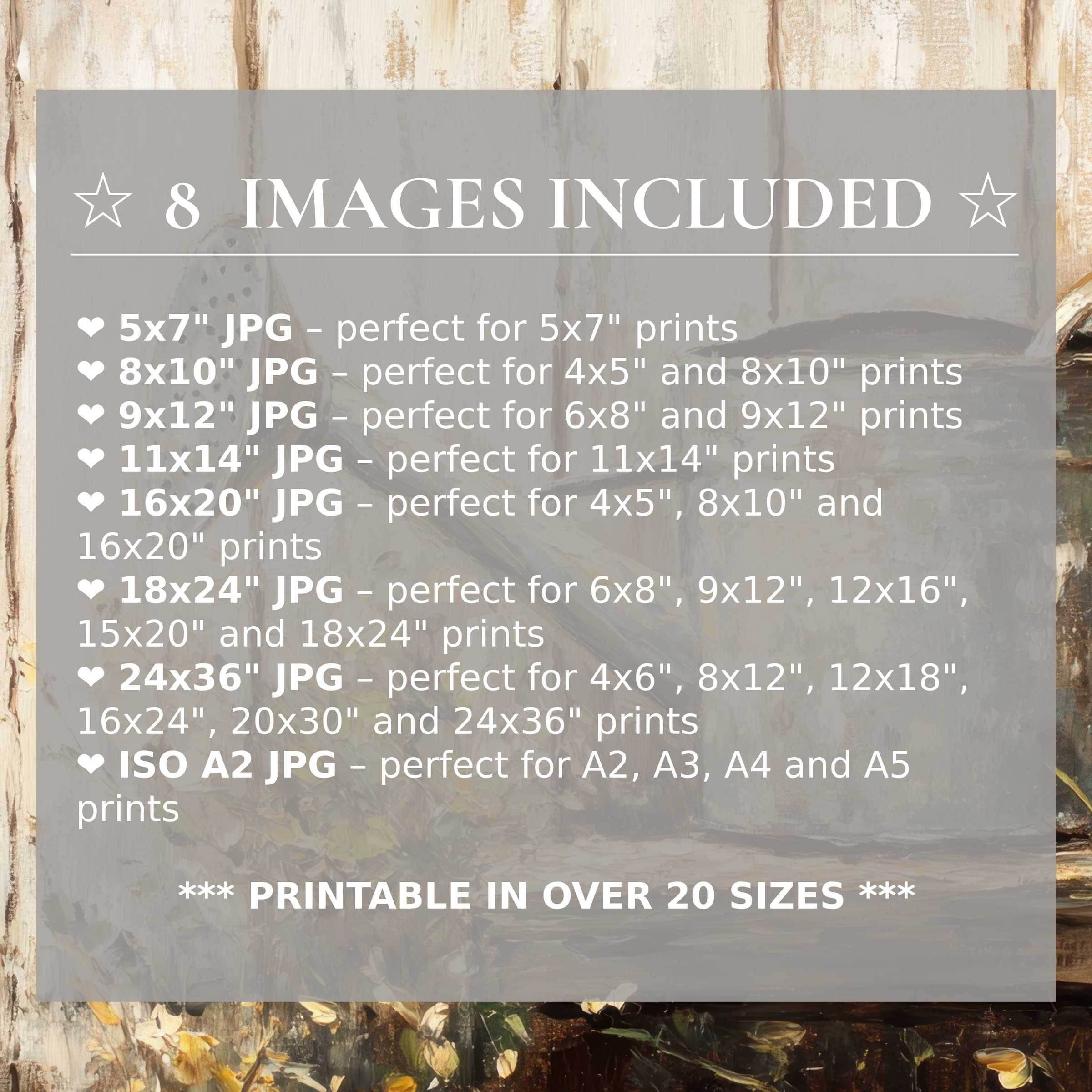 Farmhouse digital print in warm neutrals and rustic textures, elevating modern interiors with 8 included sizes for versatile, stylish decor