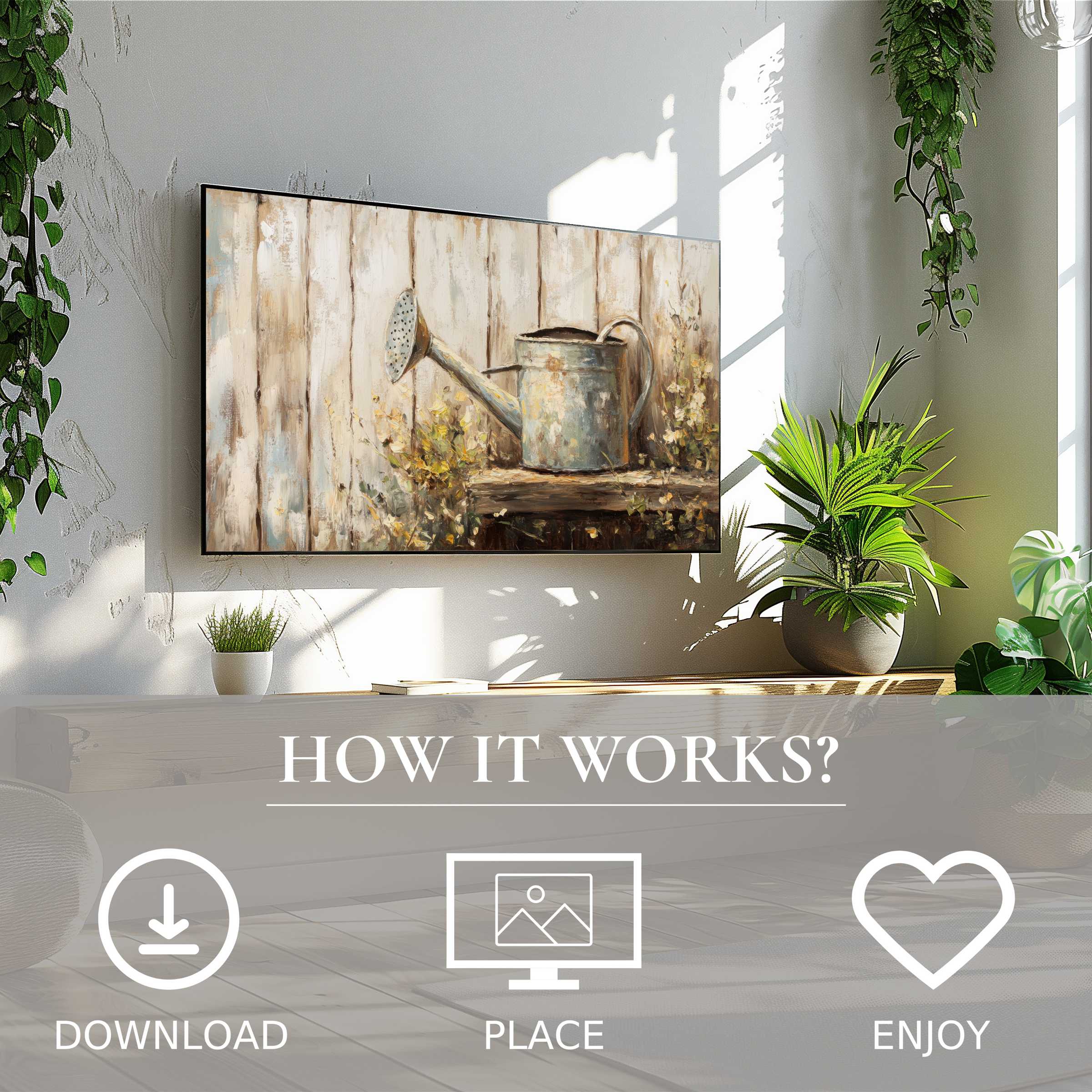 Farmhouse art for Samsung TV: rustic watering can in soft, muted tones, easy digital download enriches bright living space