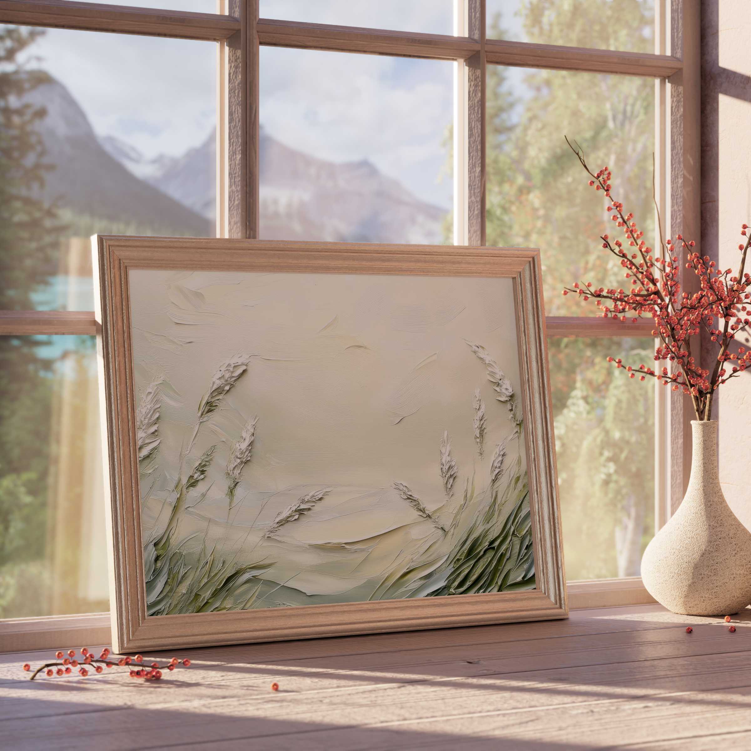 Coastal downloadable art with textured seagrass in calming neutrals, enhancing serene, curated interiors with natural elegance