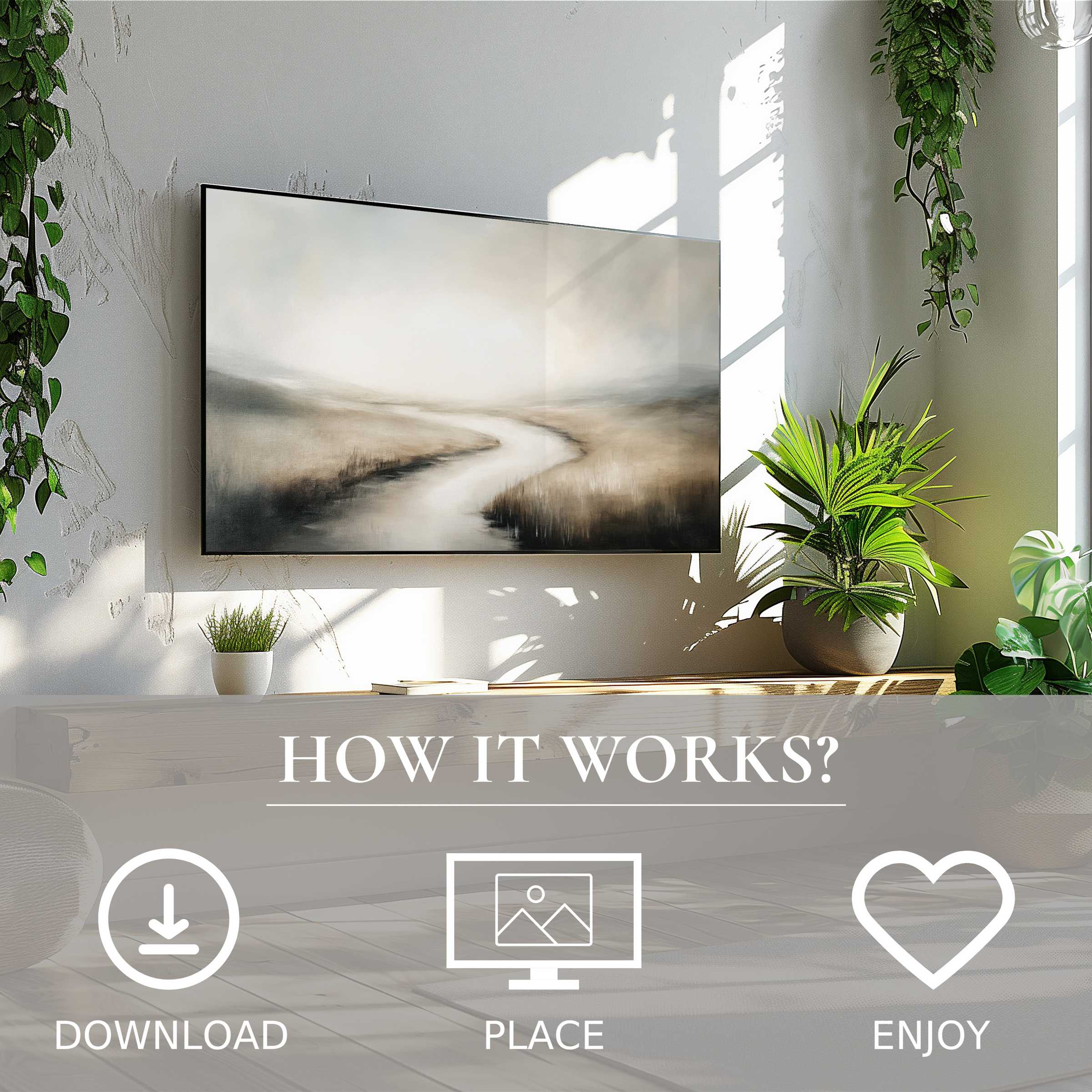 Minimalist living room with landscape art for Samsung TV, soft muted river tones, easy digital download enriches space
