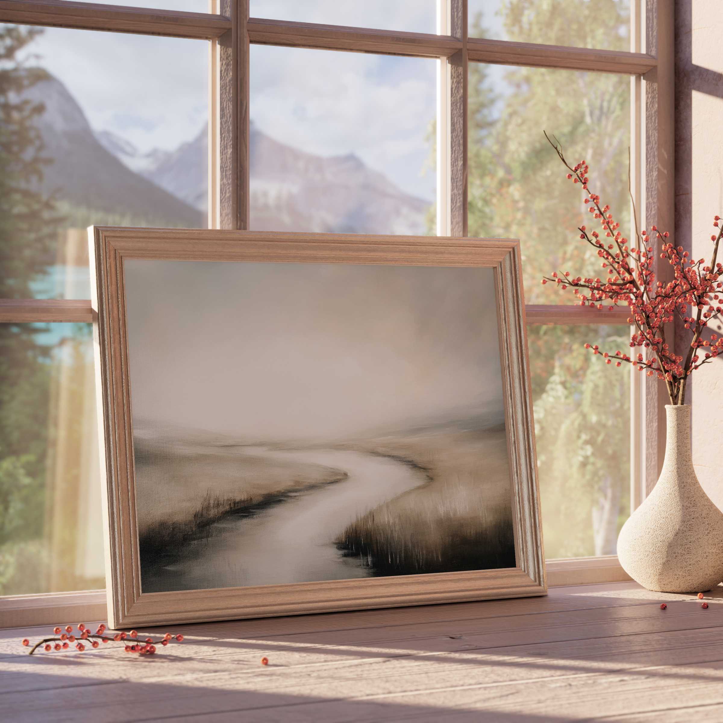 Serene landscape downloadable art with soft river curves and muted tones, elevating tranquil, curated interiors with timeless elegance
