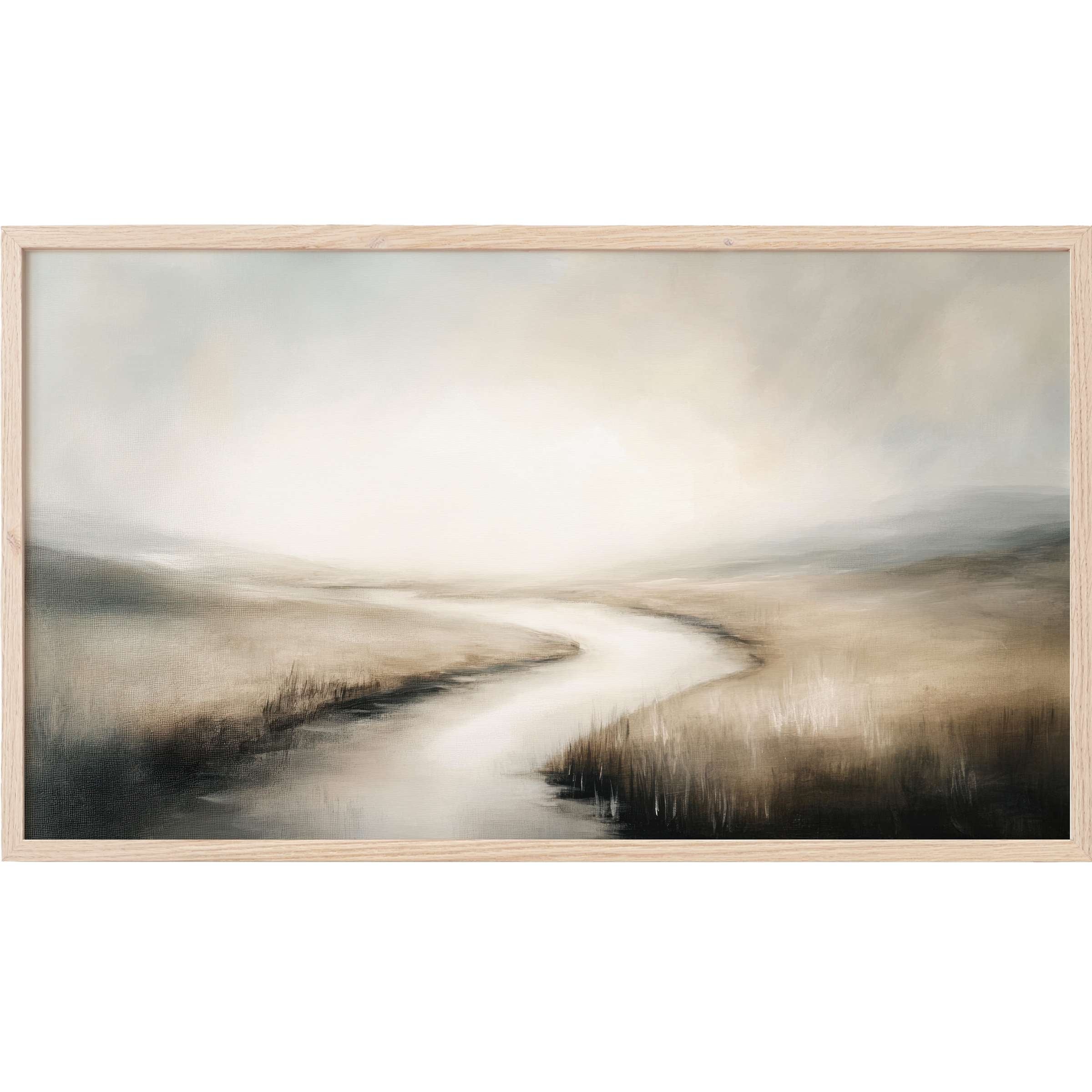 Serene muted earth tones depict a misty river winding through soft hills in this landscape Frame TV Art
