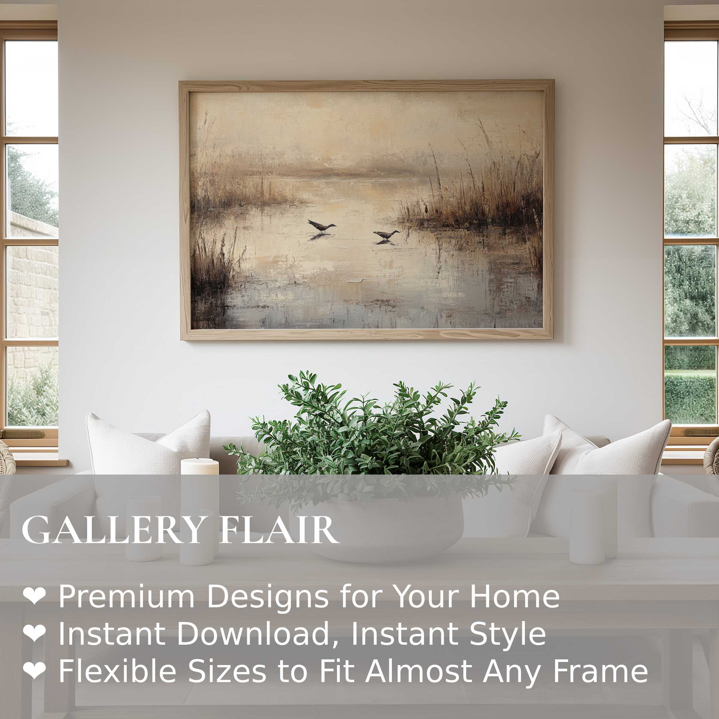 Vintage wall art print featuring a serene marsh landscape with birds, enhancing modern rustic interiors with calming, earthy elegance