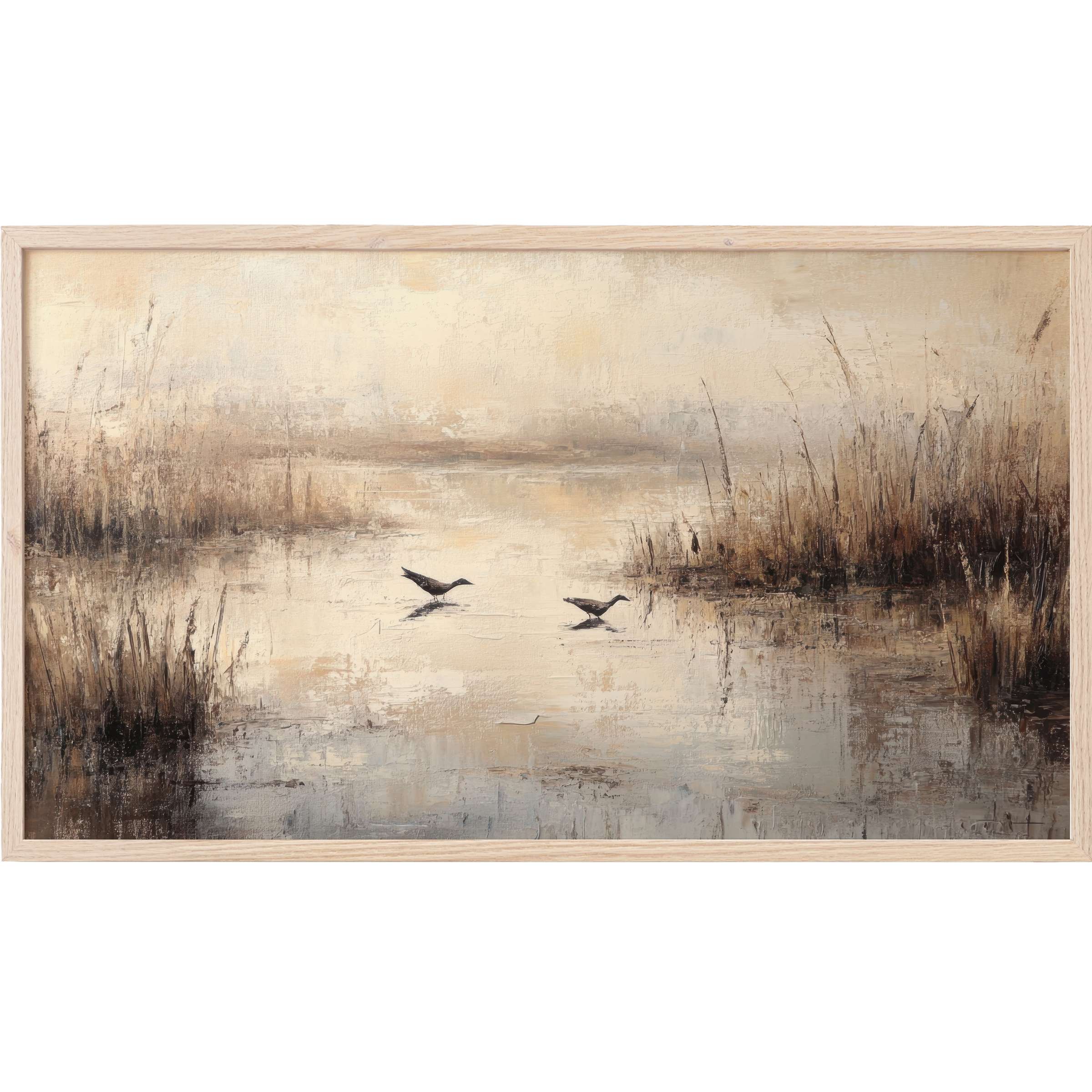 Serene wetland landscape in soft browns and beiges with birds, a vintage Frame TV Art for elegant spaces