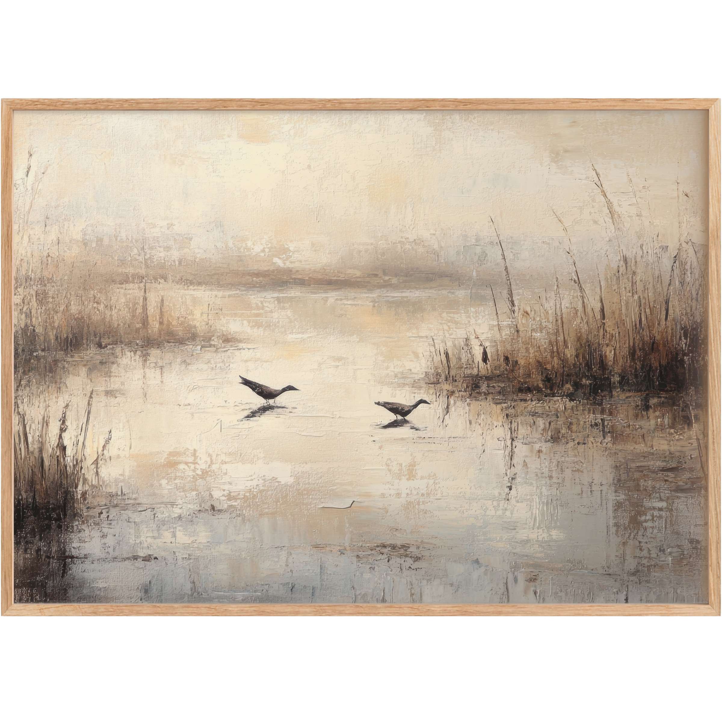 Serene vintage printable wall art capturing tranquil waters and gentle wildlife in soft beige and muted browns, evoking calm and timeless grace