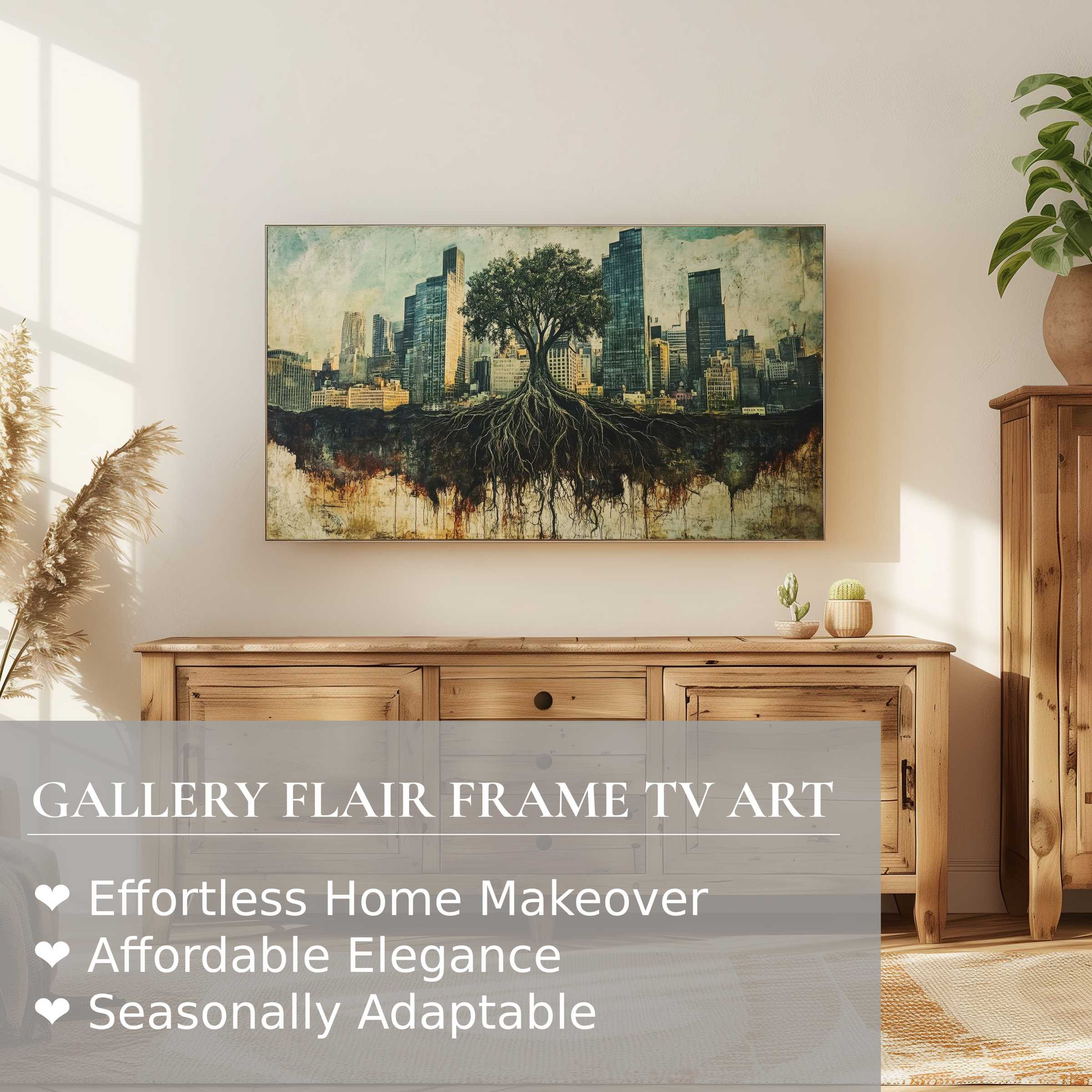 Samsung Frame TV displays street art digital artwork of urban nature fusion in a sleek, sunlit modern living room