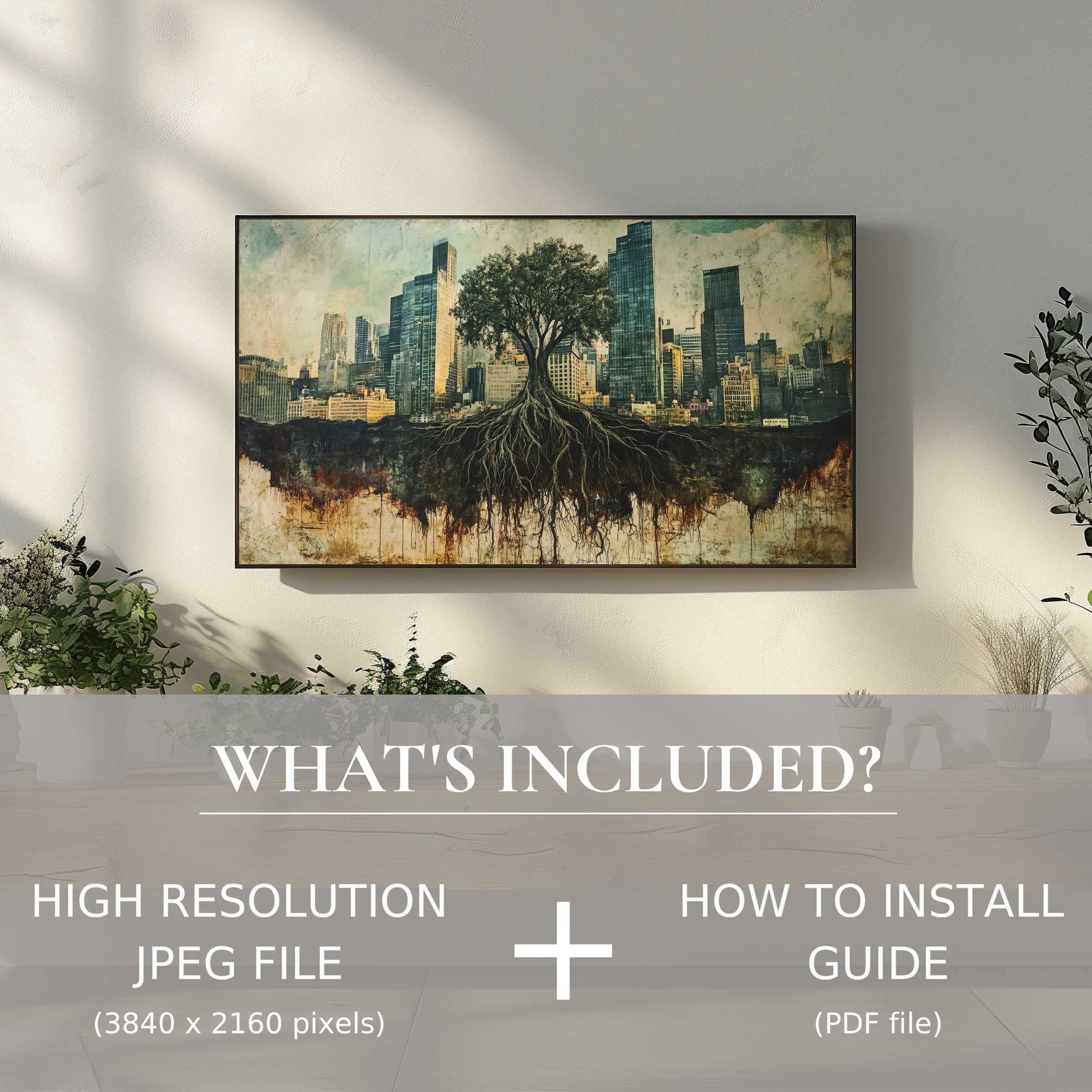Modern living room with street art digital TV art download, easy use to elegantly elevate your space
