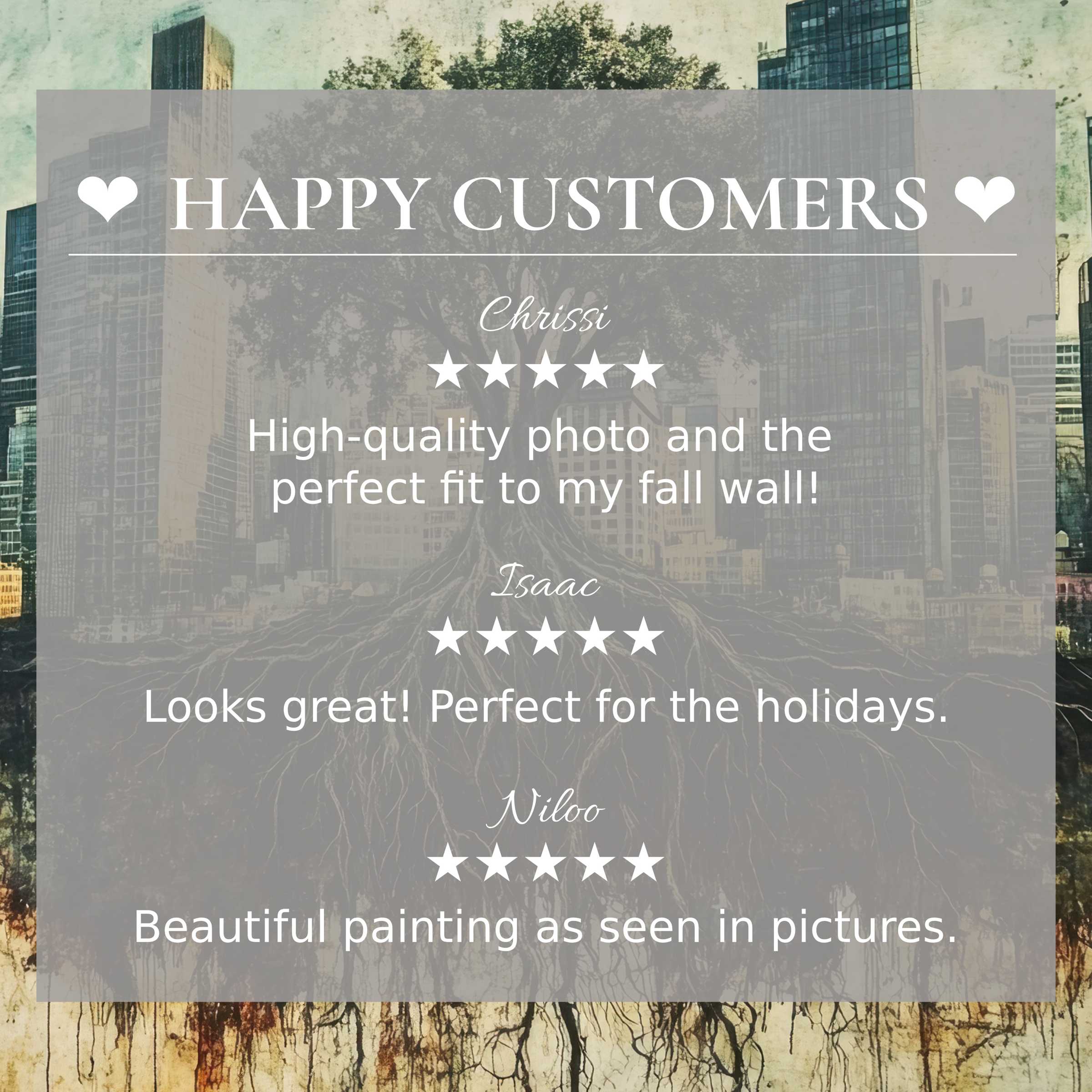 Street art for Frame TV with urban tree mural backdrop; inspires trust through elegant design and happy customer reviews