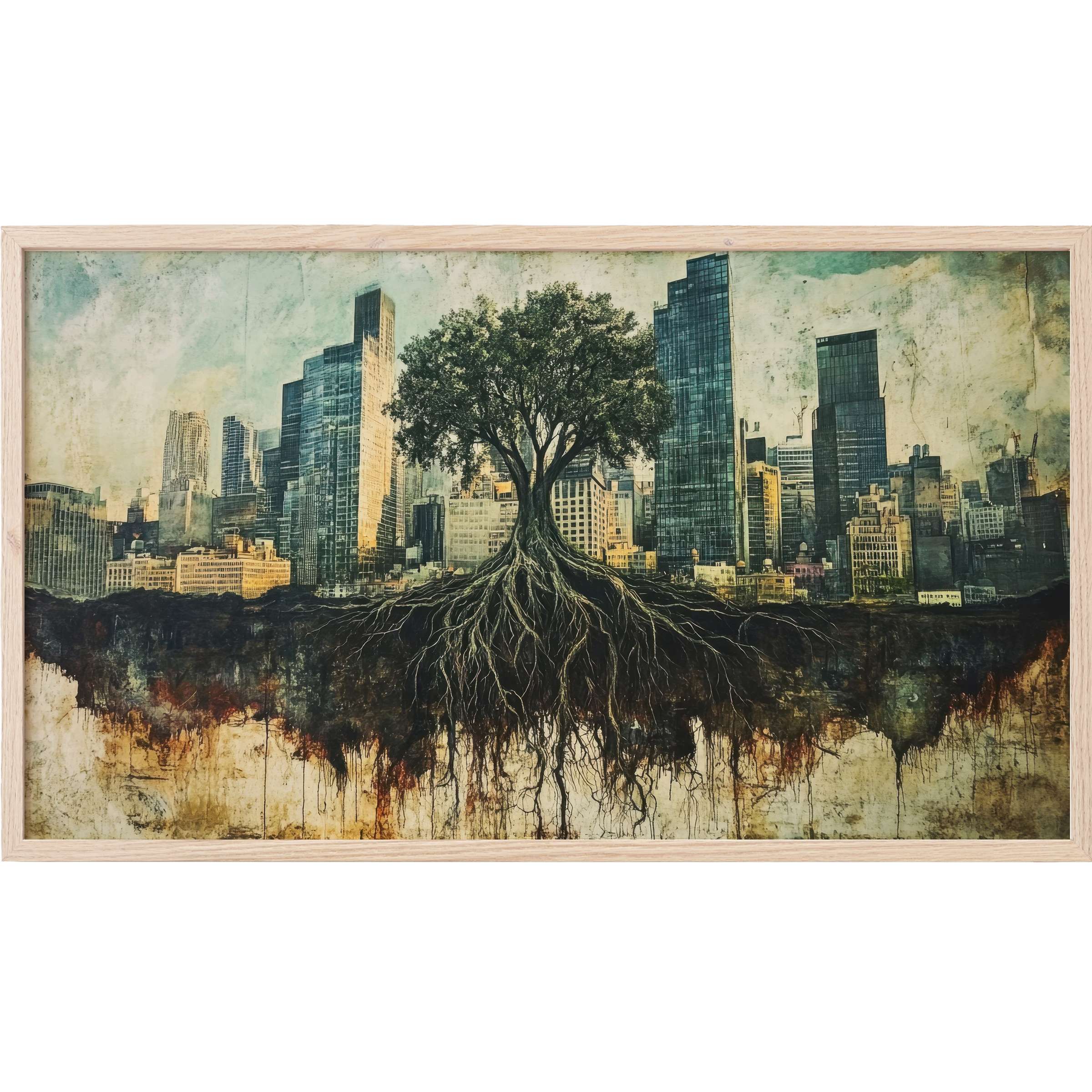 Street art Frame TV Art depicting a tree with sprawling roots amidst a faded urban skyline in muted tones