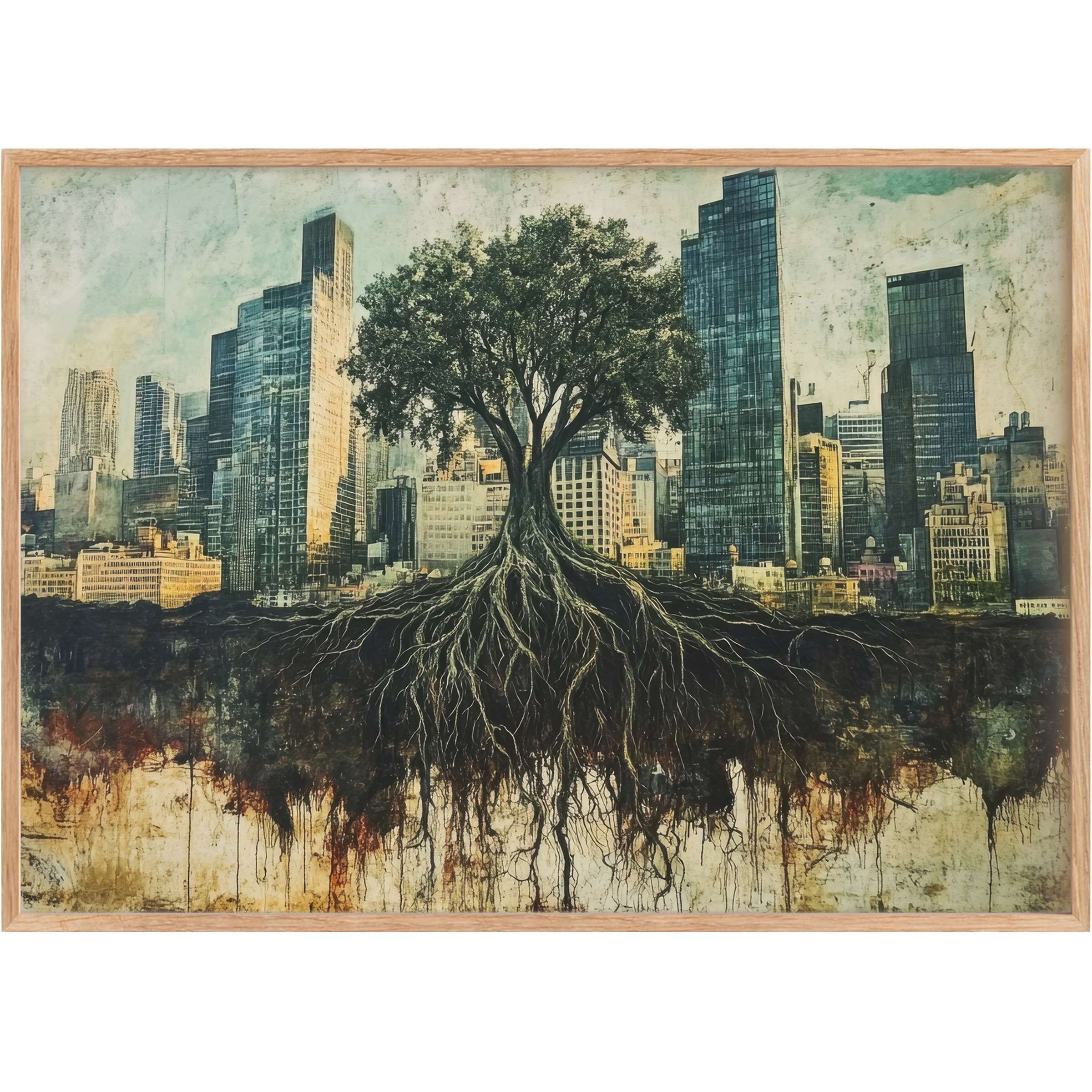 Bold street art printable wall art featuring a resilient tree with deep roots against a sleek urban skyline, evoking grounded strength and timeless elegance