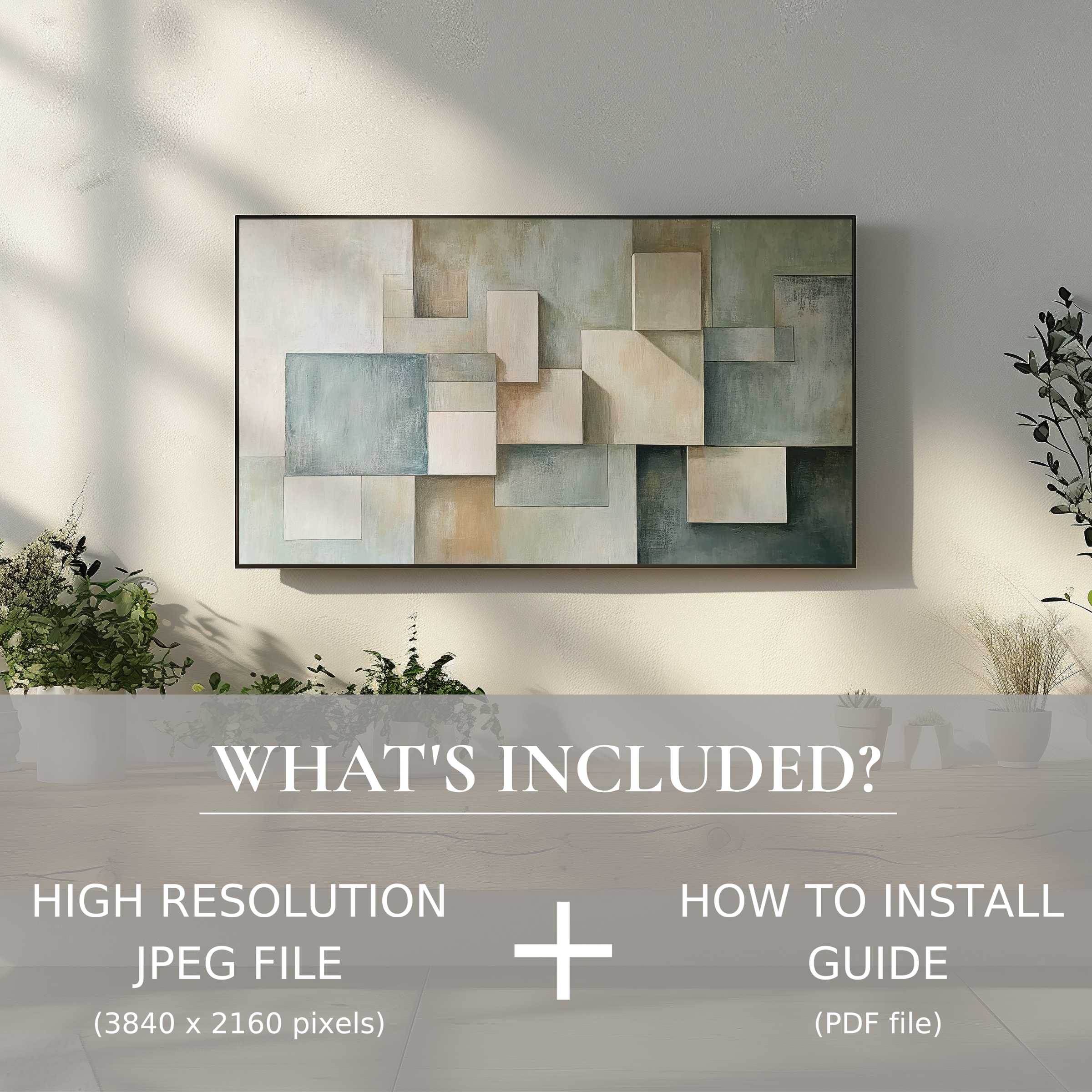 Modern digital TV art download showcasing abstract geometric design, enhancing living spaces with effortless digital style