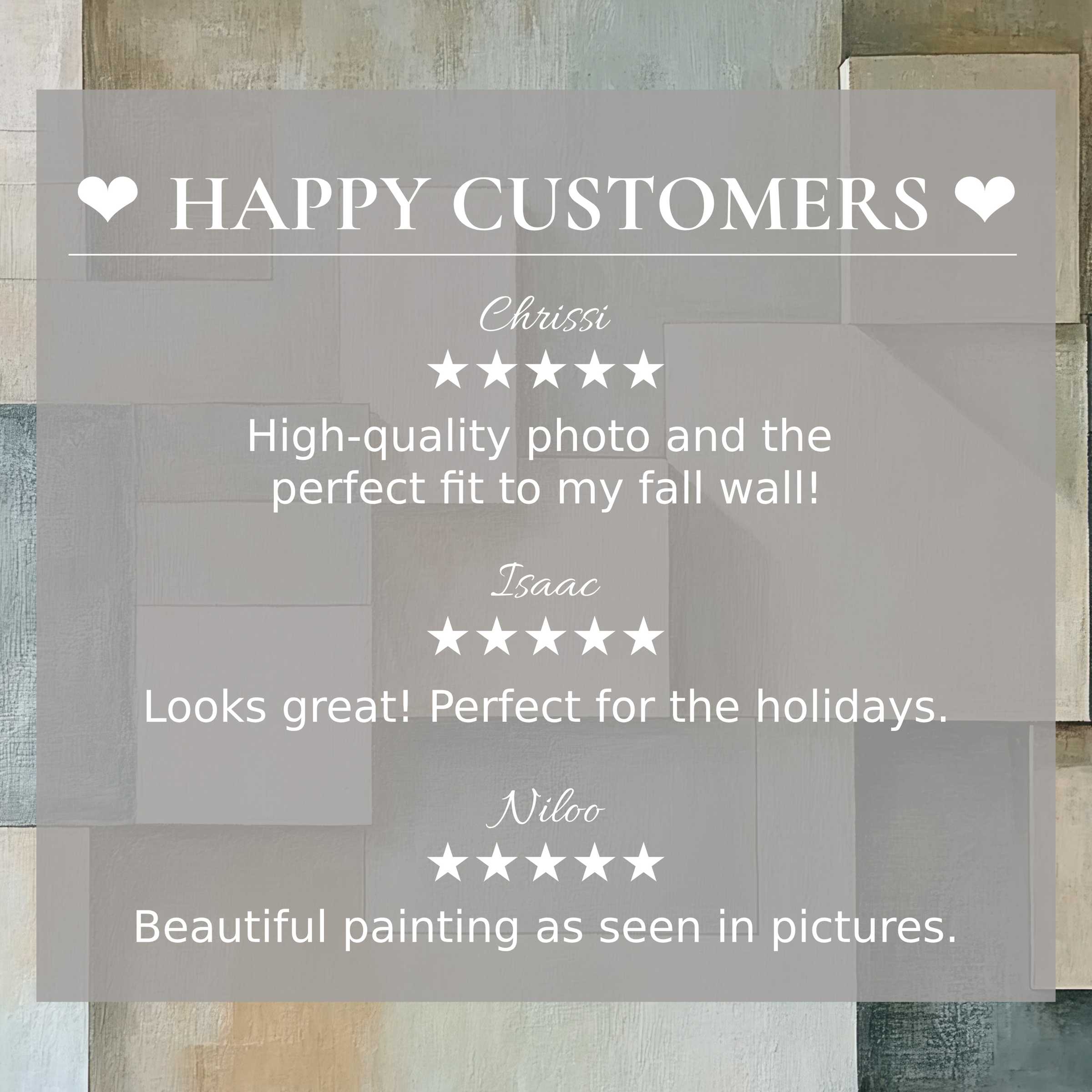 Modern art for Frame TV with abstract muted tones, showcasing happy customer reviews and elegant, trustworthy style