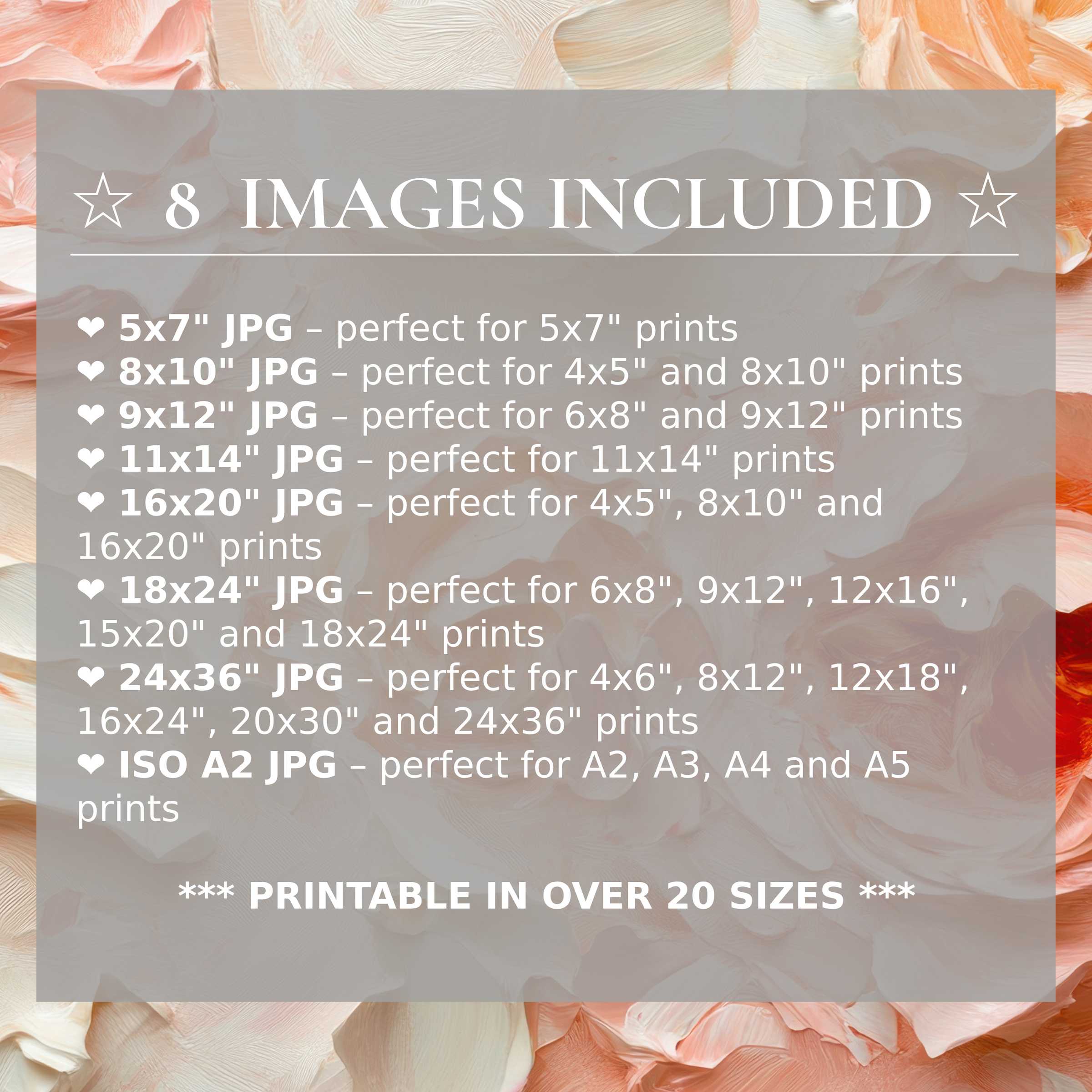 Floral digital print radiates gentle peach and cream hues, elevating modern interiors with serene beauty and includes 8 high-resolution sizes