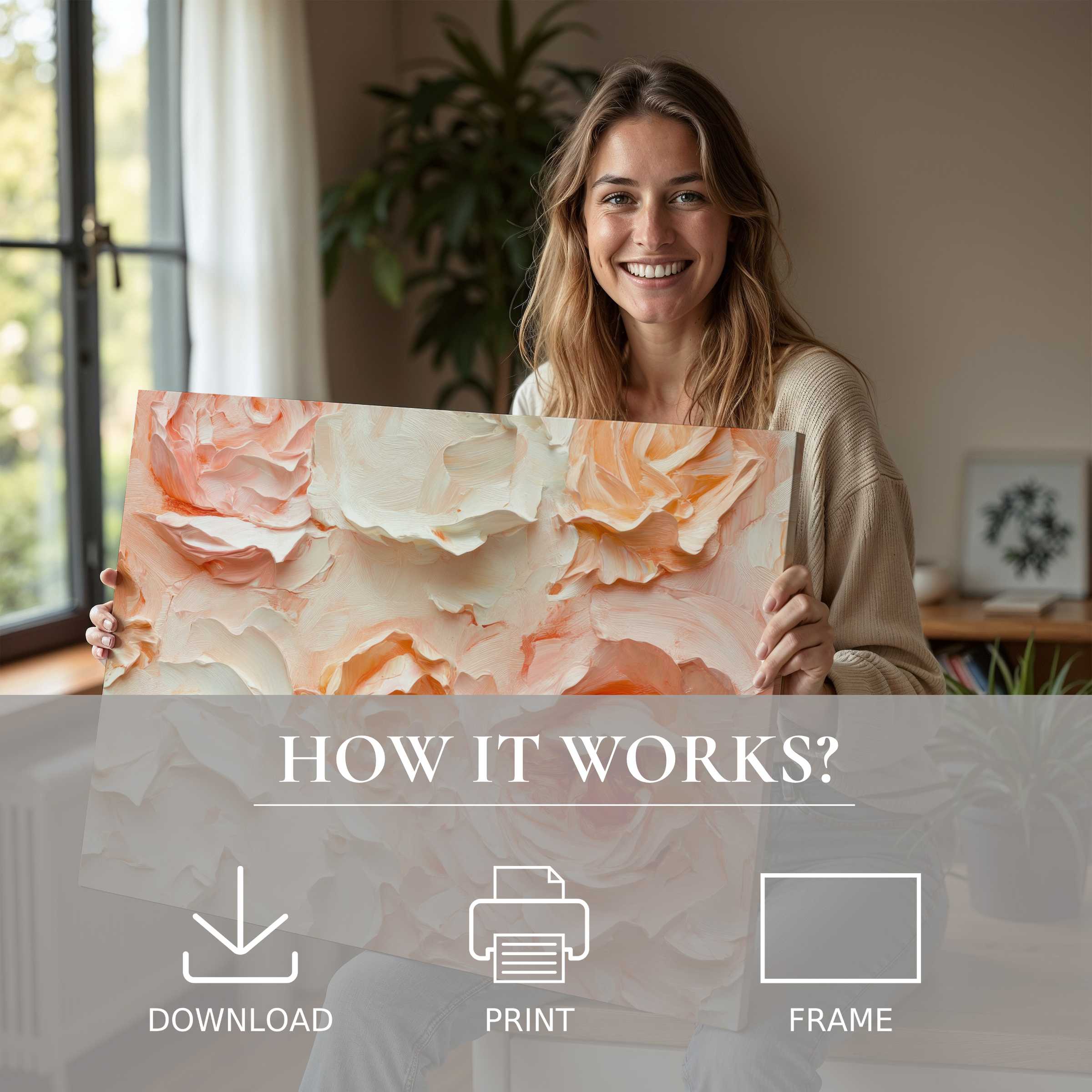 Radiant floral digital art print enriches a serene modern home, capturing joy in effortless, elegant art living