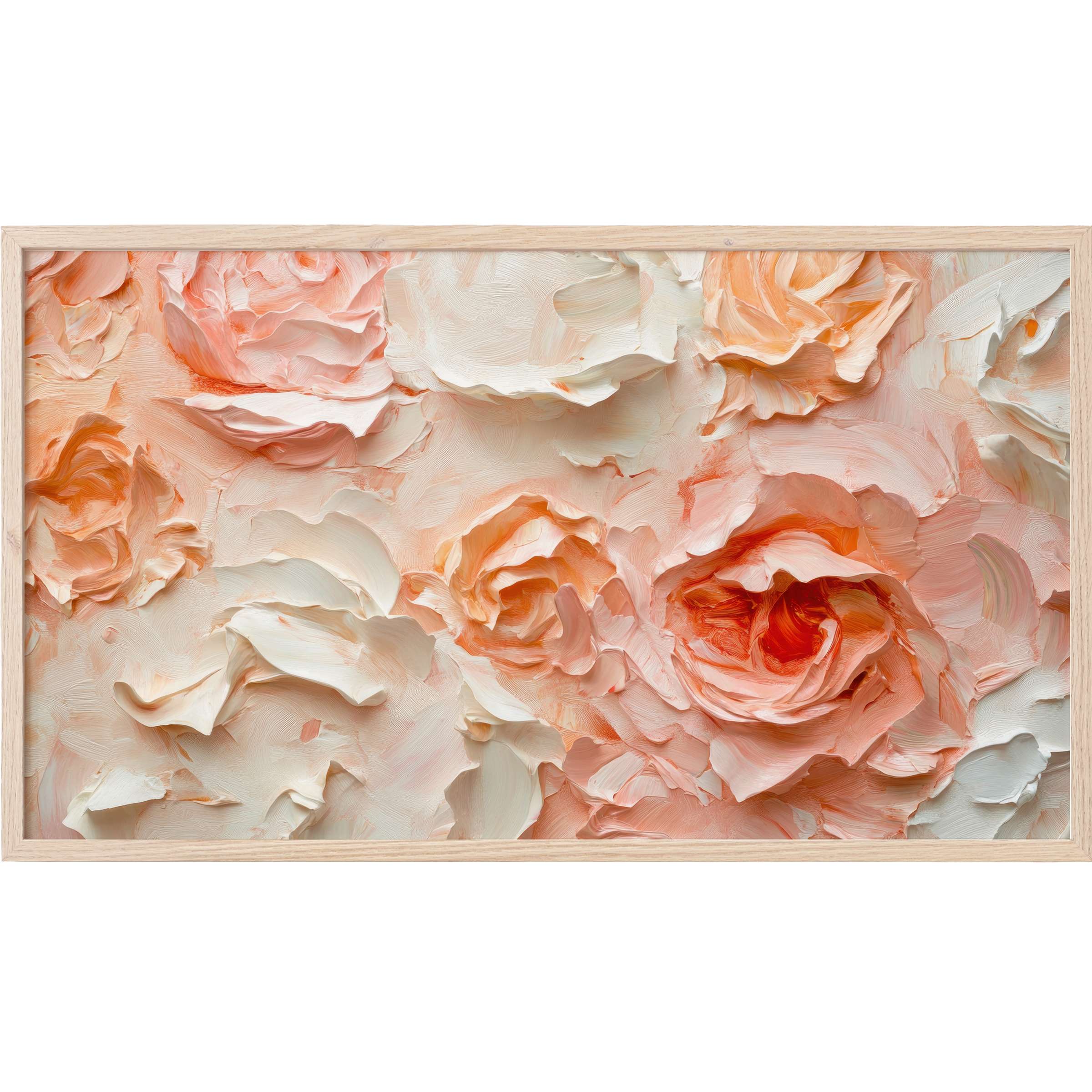 Floral Frame TV Art with soft peach and cream impasto roses, blending texture and elegance in modern home decor