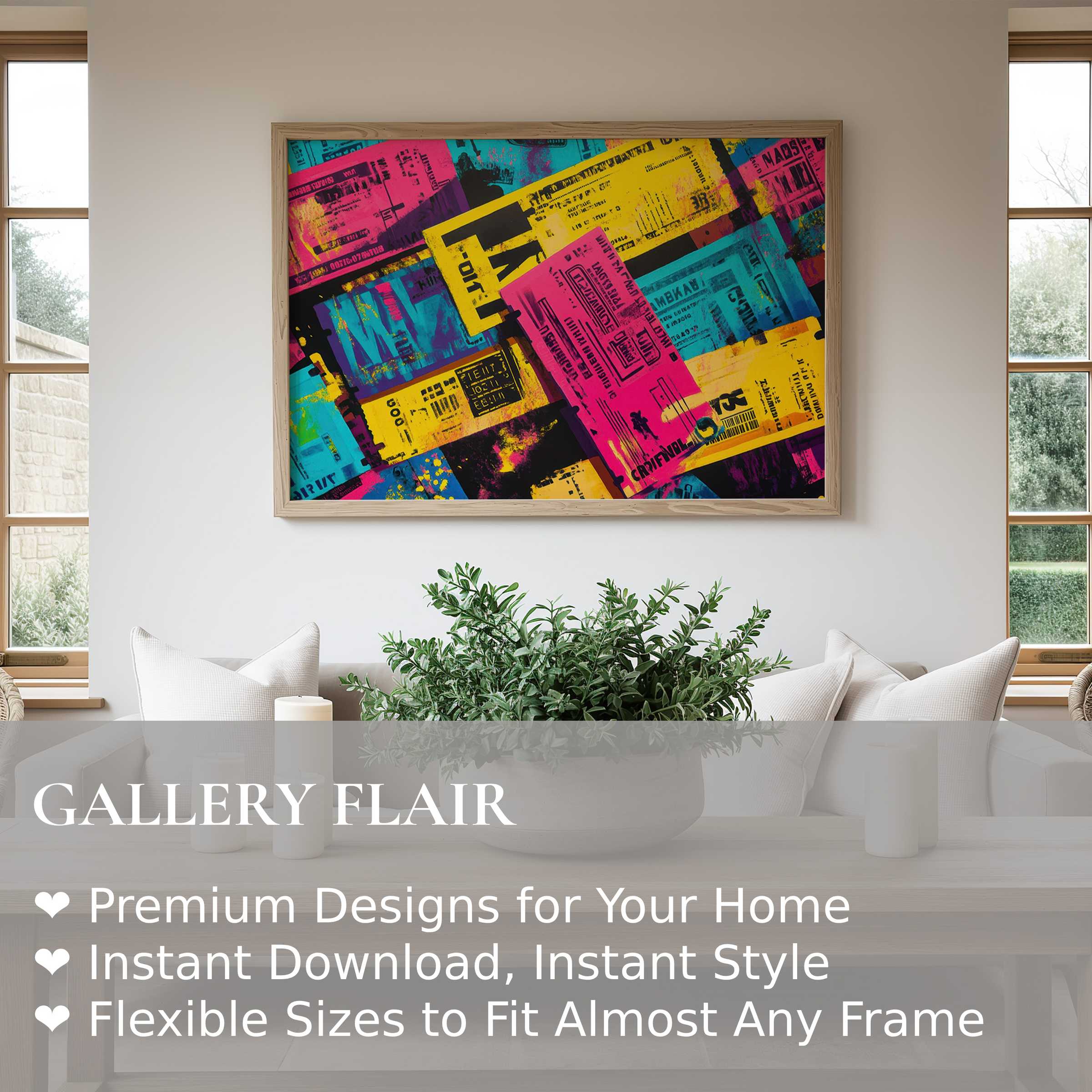 Bold pop art wall art print featuring vibrant cyan, magenta, and yellow ticket motifs, energizing a modern minimalist living space with gallery-style flair
