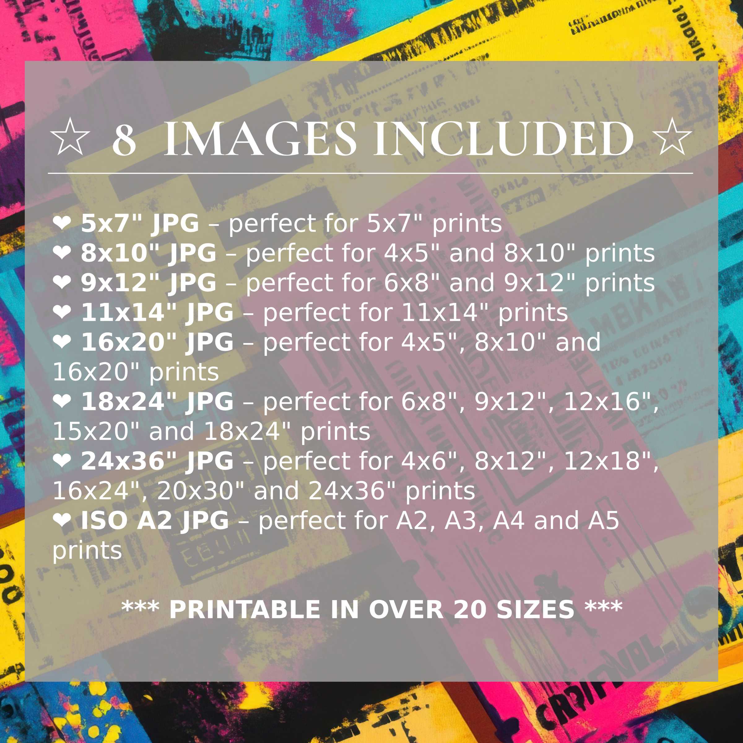Radiant pop art digital print in vibrant pink, blue, and yellow tones, available in 8 high-quality sizes for versatile, stylish modern interiors