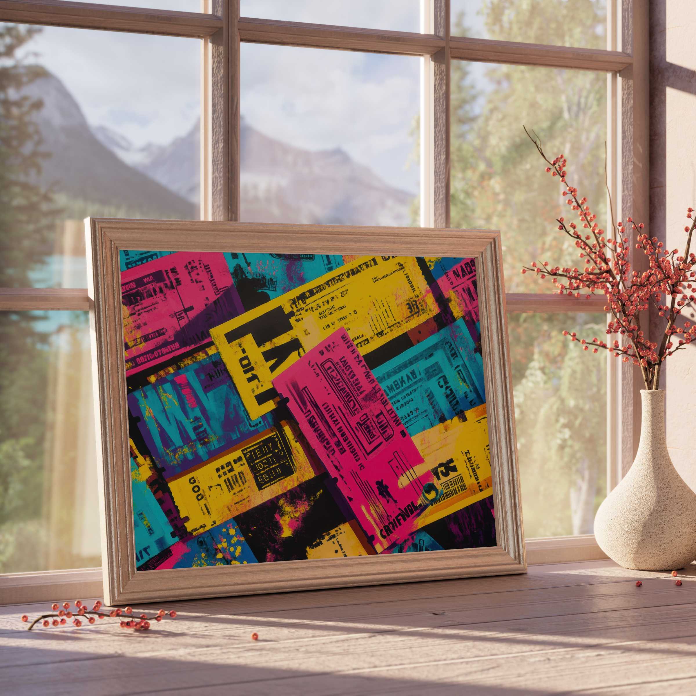 Vibrant pop art downloadable art in bold hues of magenta, cyan, and yellow elevates curated interiors with dynamic, urban sophistication