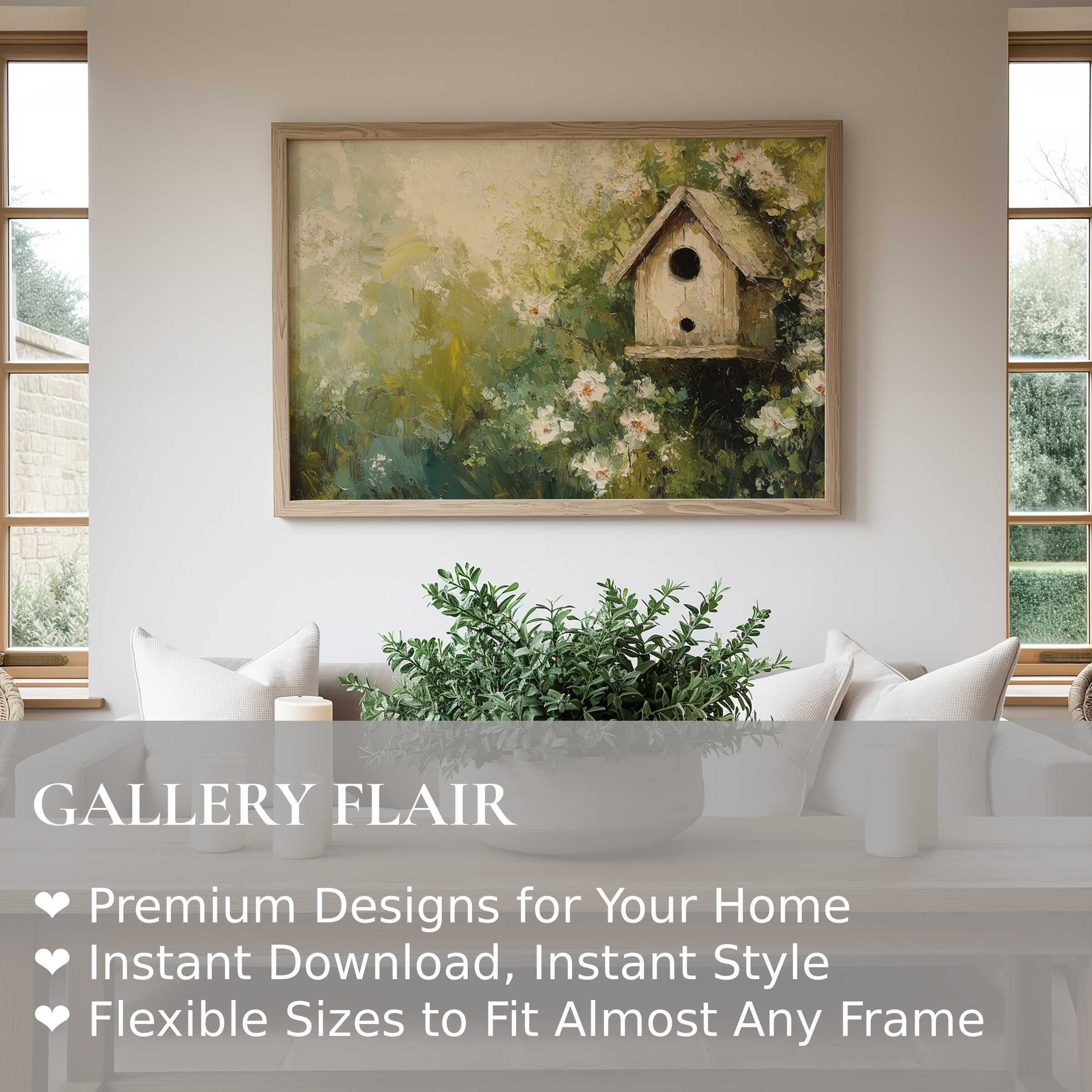 Spring wall art print featuring a softly radiant birdhouse amid blooming florals, elevating modern farmhouse interiors with serene charm
