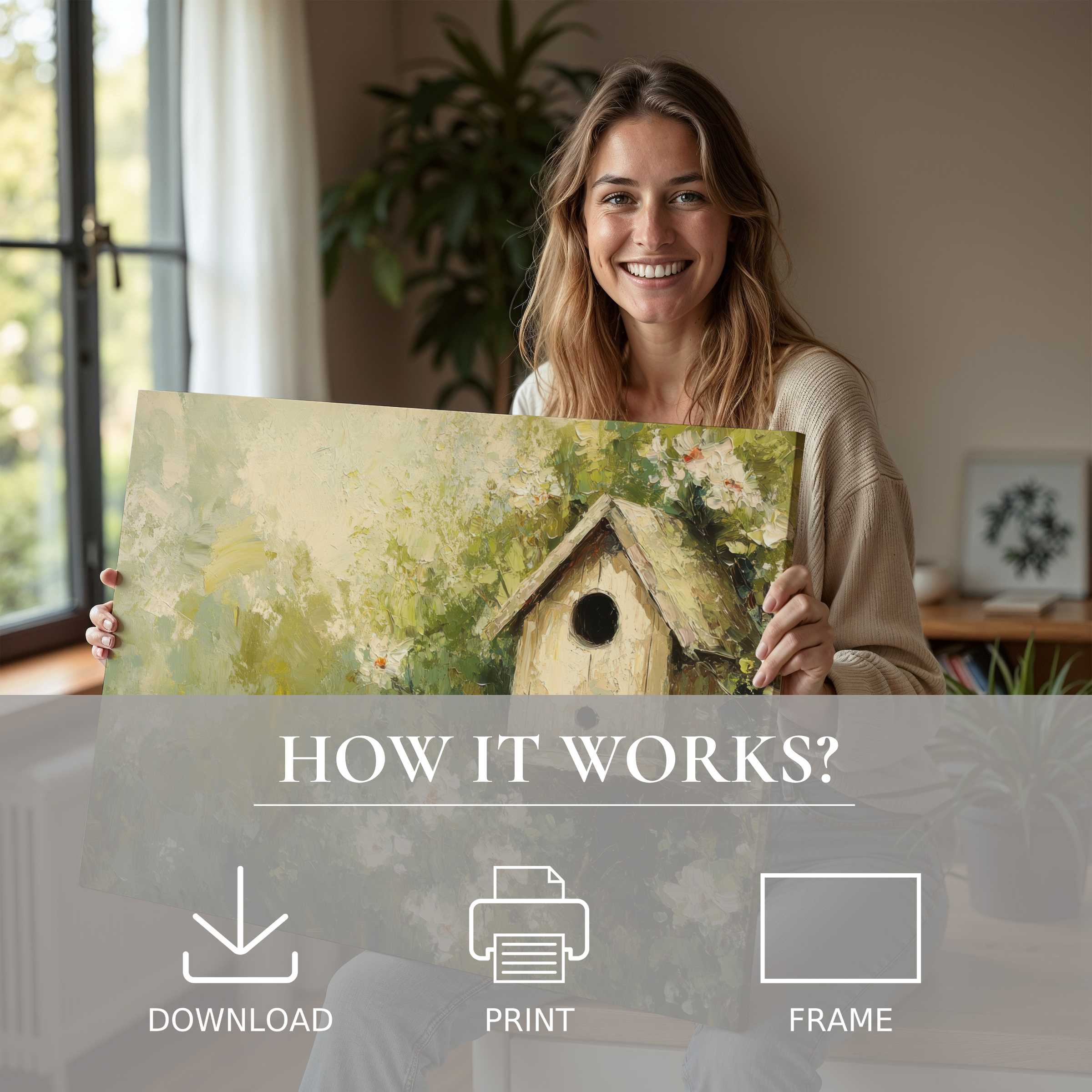 A woman radiates genuine joy as she shares a spring digital art print, inviting effortless charm into modern living spaces