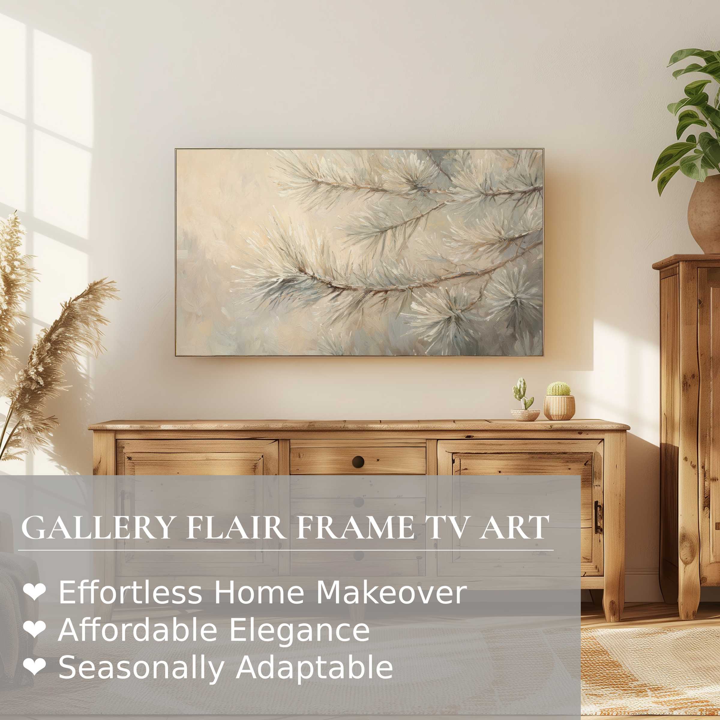 Samsung Frame TV displaying elegant winter digital artwork of frosted pine branches in a warm, modern living space