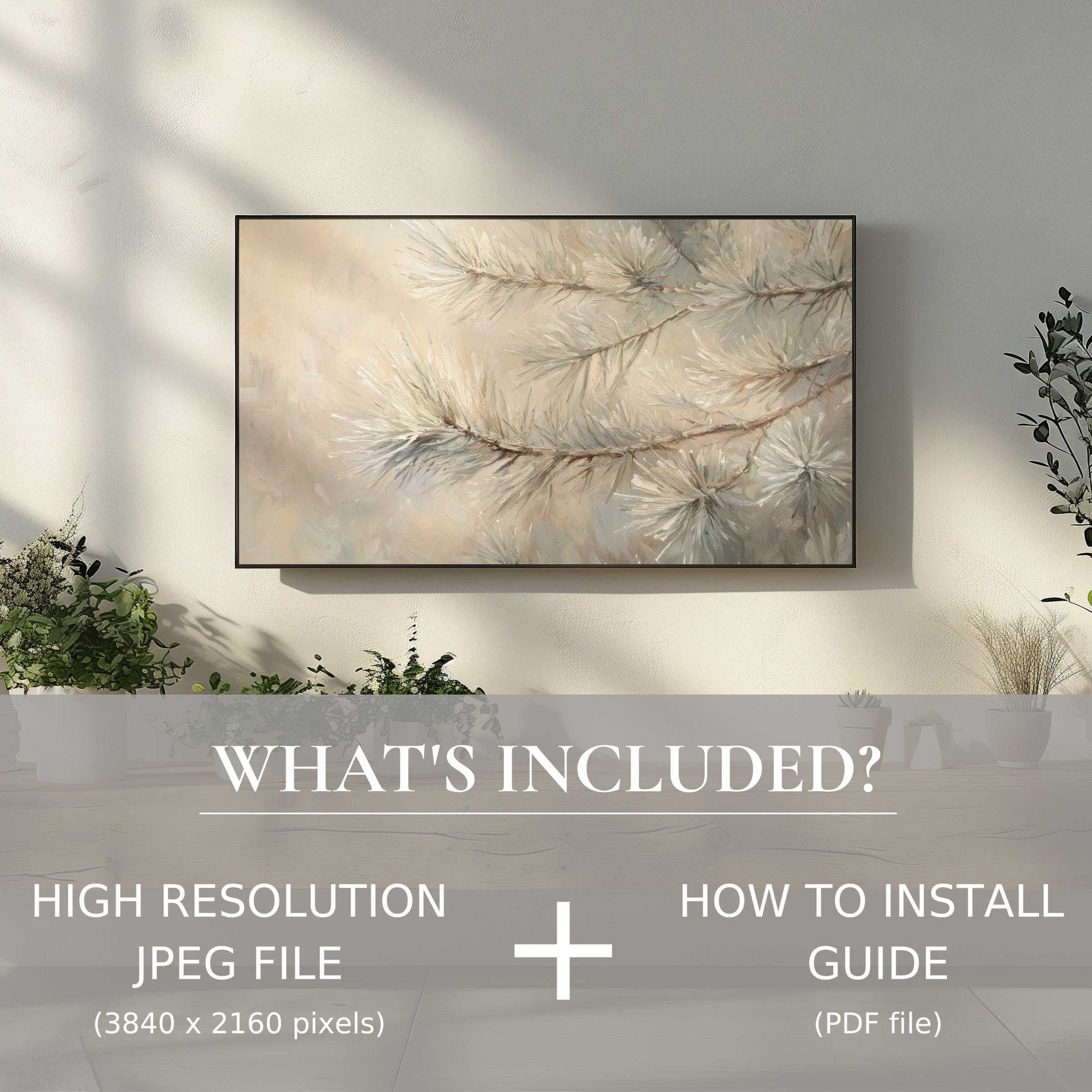 Elegant winter digital TV art download with easy use, enhancing modern living spaces with serene high-res botanical imagery