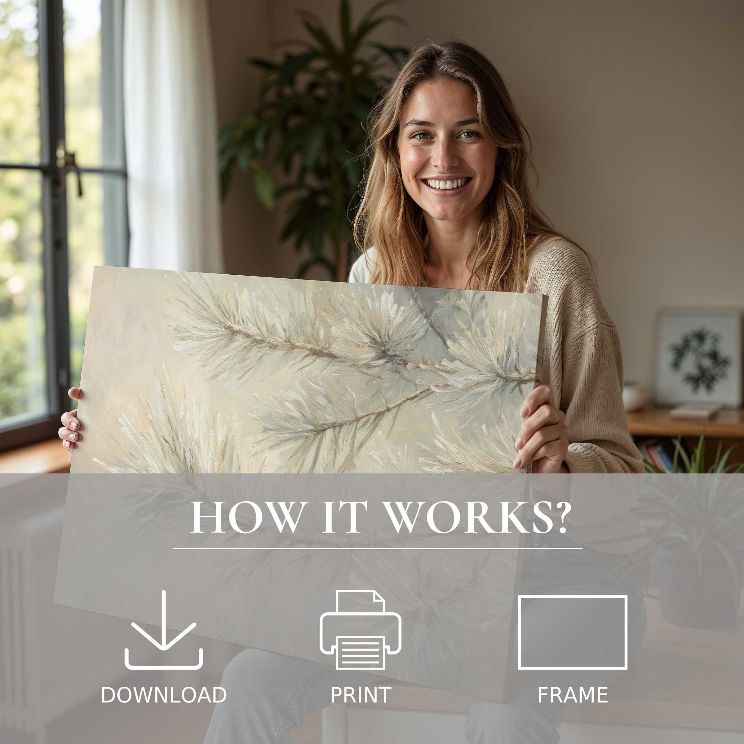 Refined woman shares a tranquil winter digital art print in a sunlit modern home, embodying elegance and joyful living
