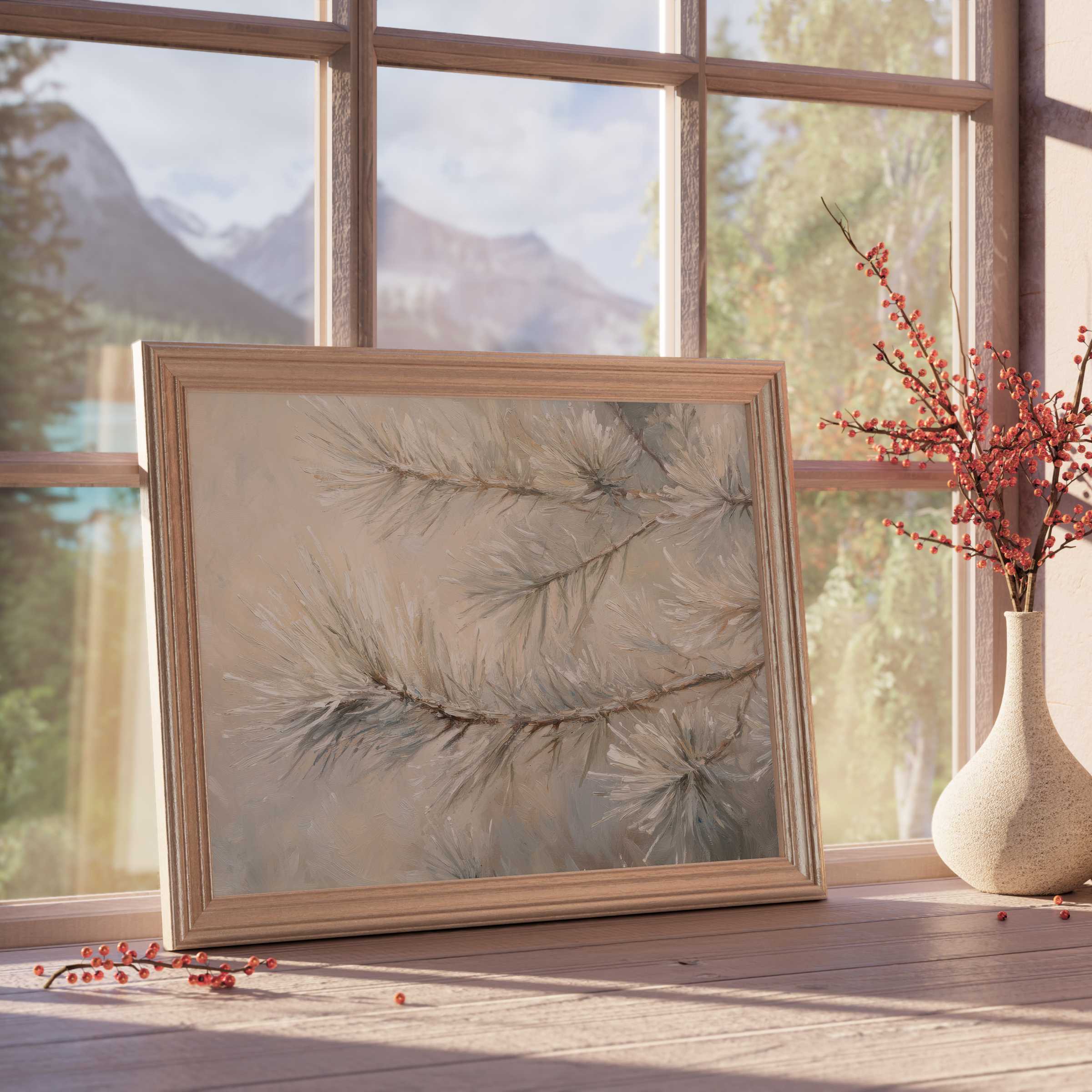 Winter downloadable art capturing serene frosted pine branches, enhancing curated, tranquil interiors with natural elegance and soft, calming hues