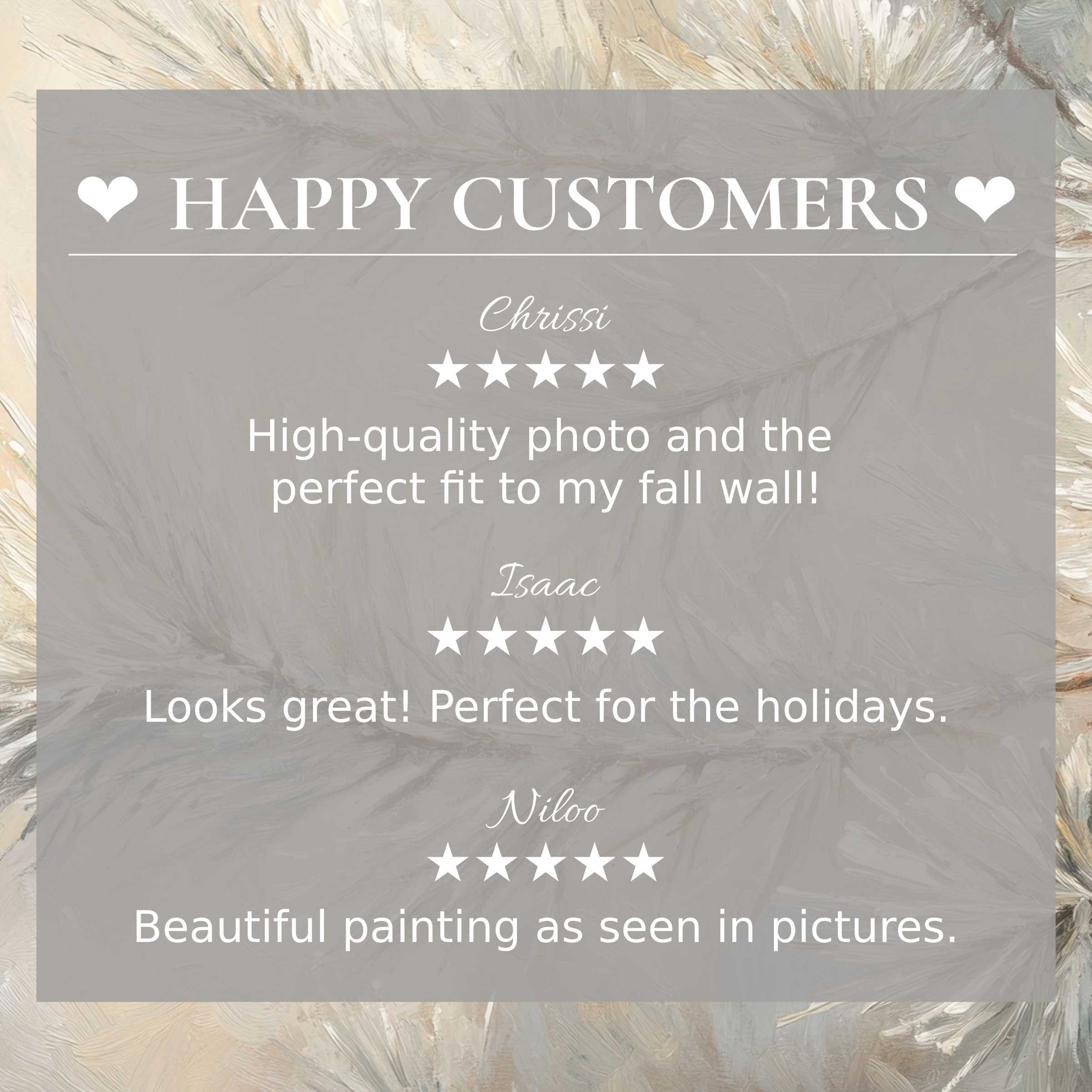 Winter art for Frame TV with abstract cream brushstrokes, showcasing happy customer reviews and elegant trust