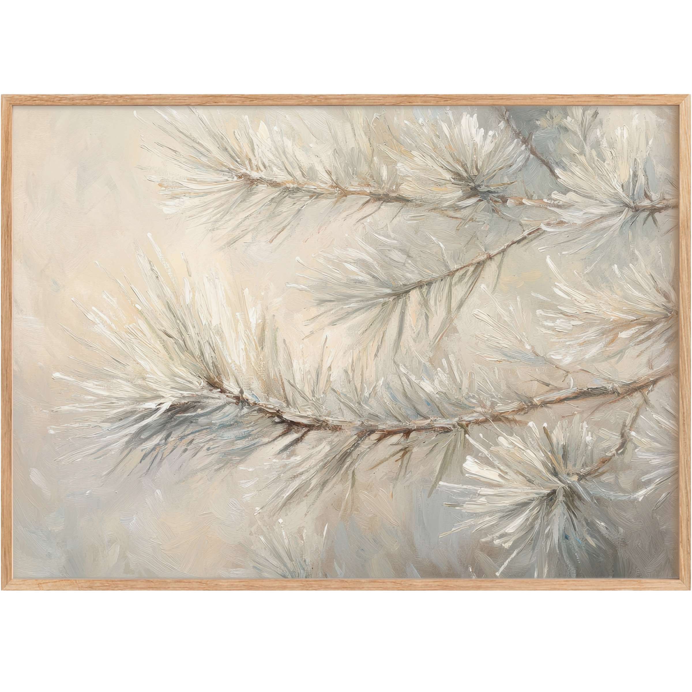 Winter printable wall art capturing frosted pine branches in soft creams and muted grays, evoking a serene, elegant ambiance