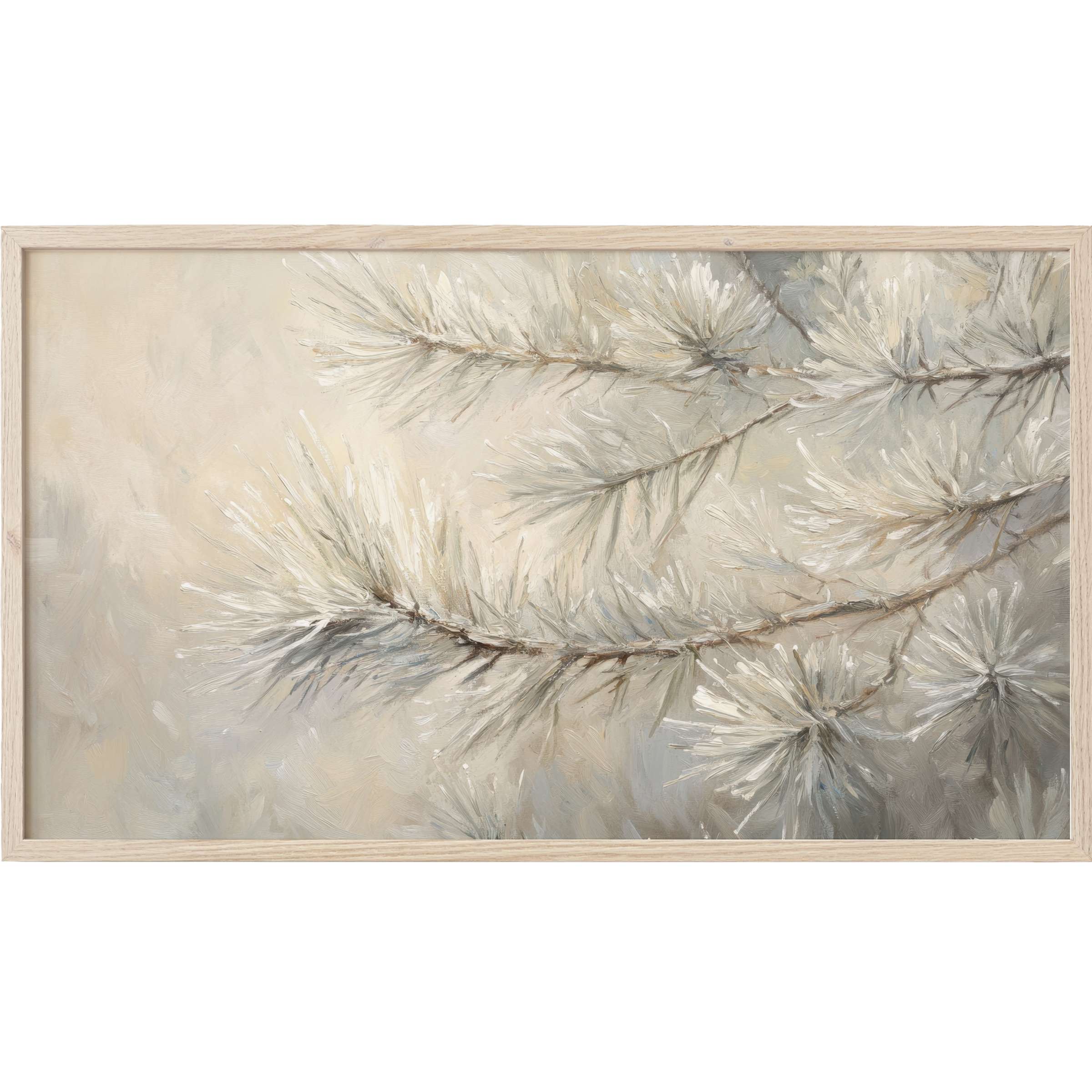 Subtle textured pine needles in muted creams and grays evoke calm elegance in this winter Frame TV Art
