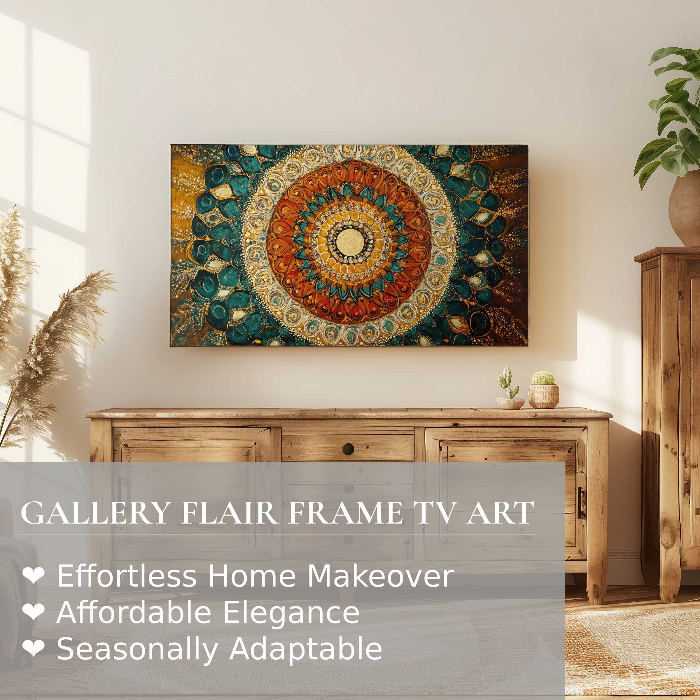 Samsung Frame TV displaying boho digital artwork in warm, modern living room with natural wood and soft sunlight
