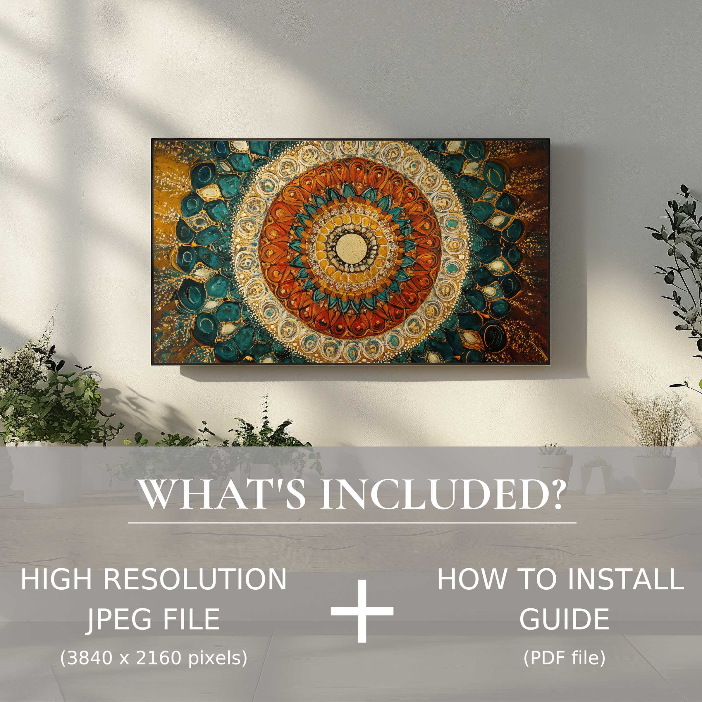 Elegant boho digital TV art download enhances modern living spaces with easy digital use and vibrant mandala design