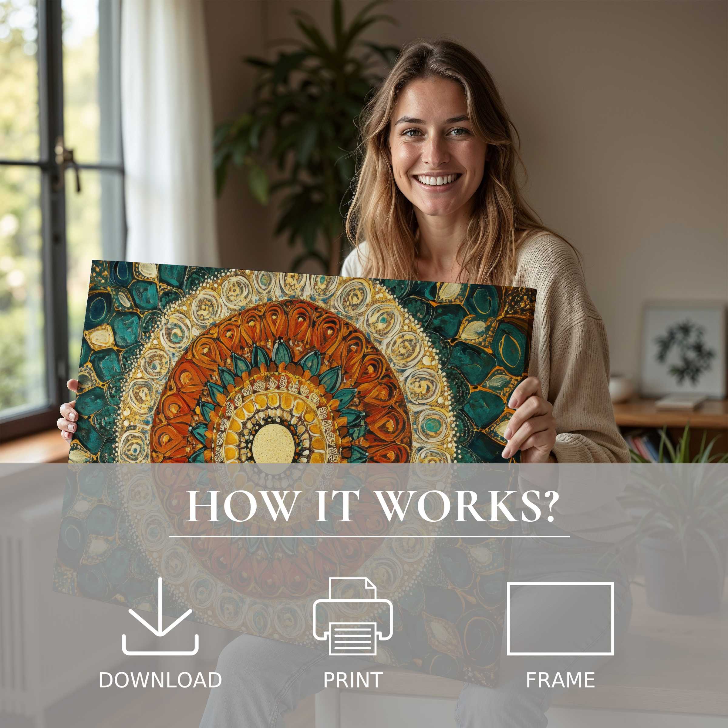 Radiant boho digital art print embraced in a sunlit modern home, inspiring joy and effortless elegance in decor