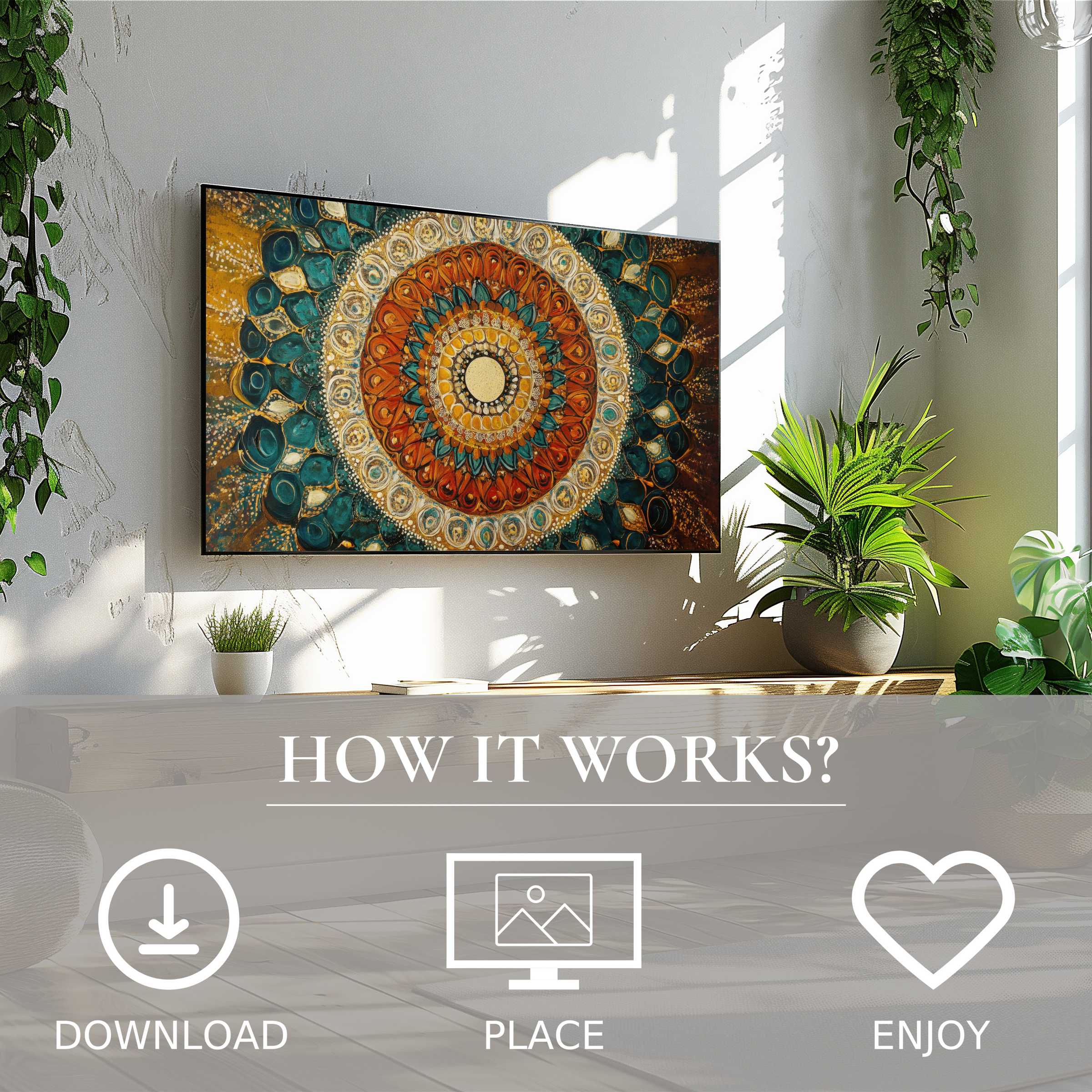 Boho art for Samsung TV shows a vibrant mandala in warm earth tones, easy digital download enriches modern living spaces