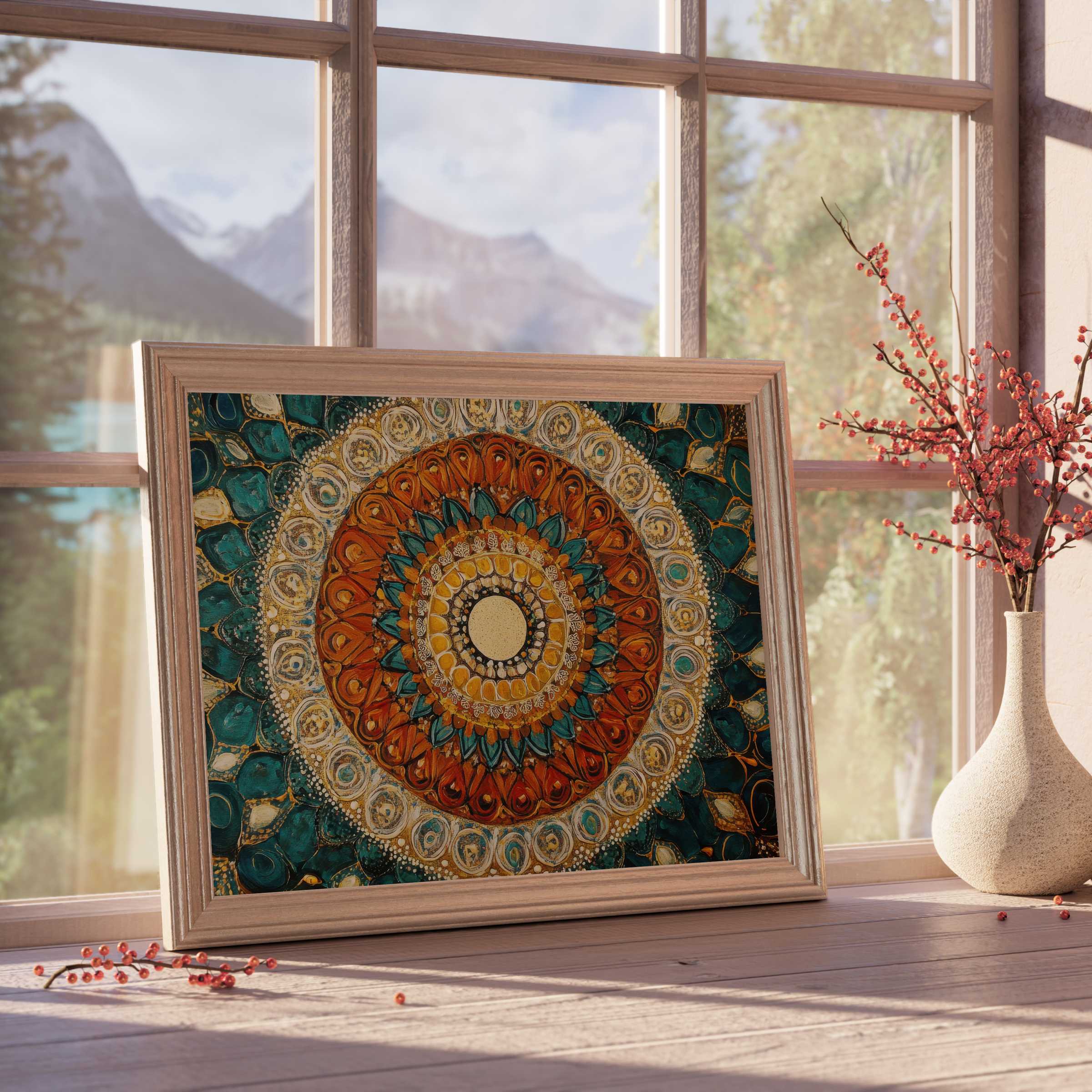 Boho downloadable art featuring a vibrant mandala in warm rust, teal, and gold hues, elevating tranquil, design-forward interiors