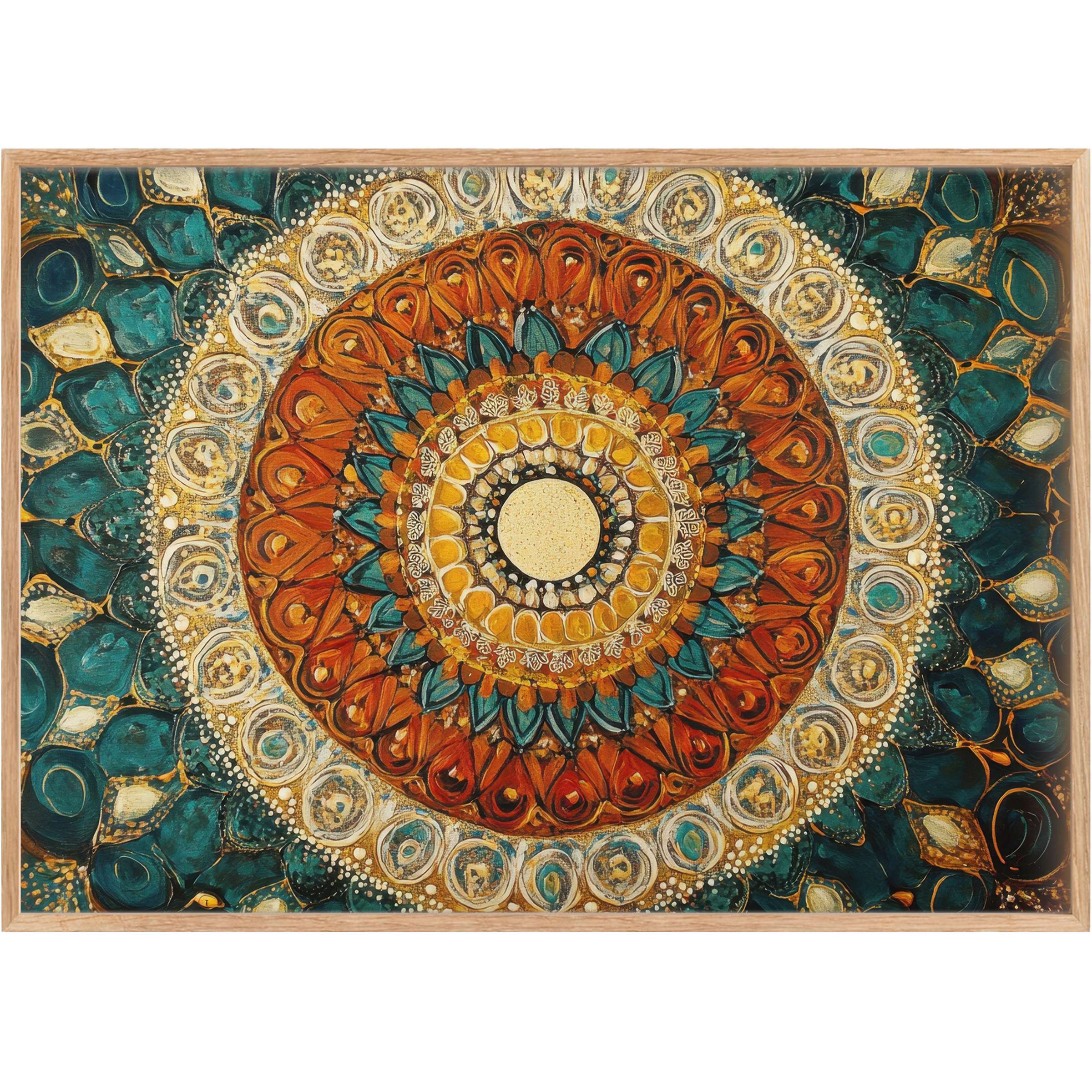 Rich boho printable wall art with intricate mandala design in warm amber, deep teal, and gold, evoking a grounded, radiant ambiance