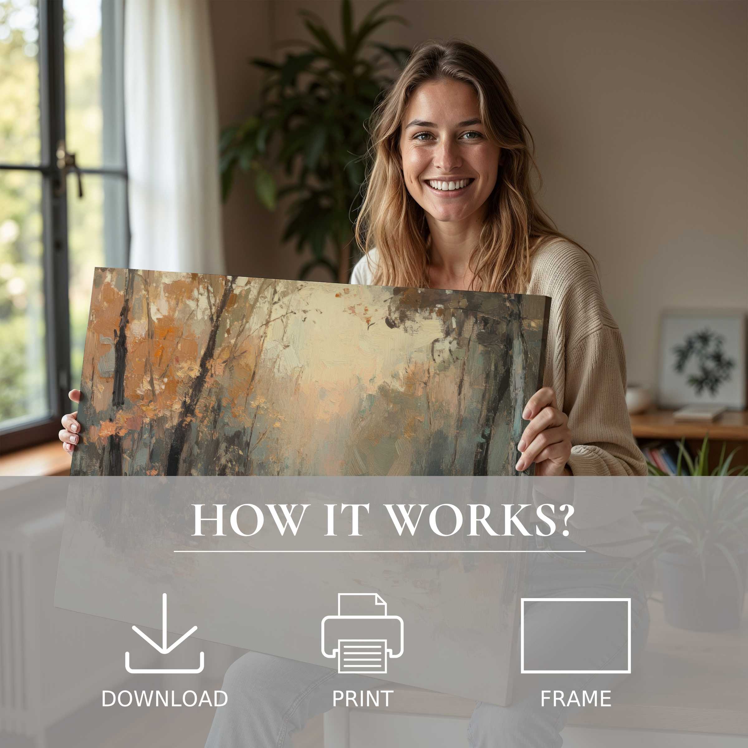 Woman radiates joy showcasing a warm-toned fall digital art print in a serene, modern living space-effortless elegance