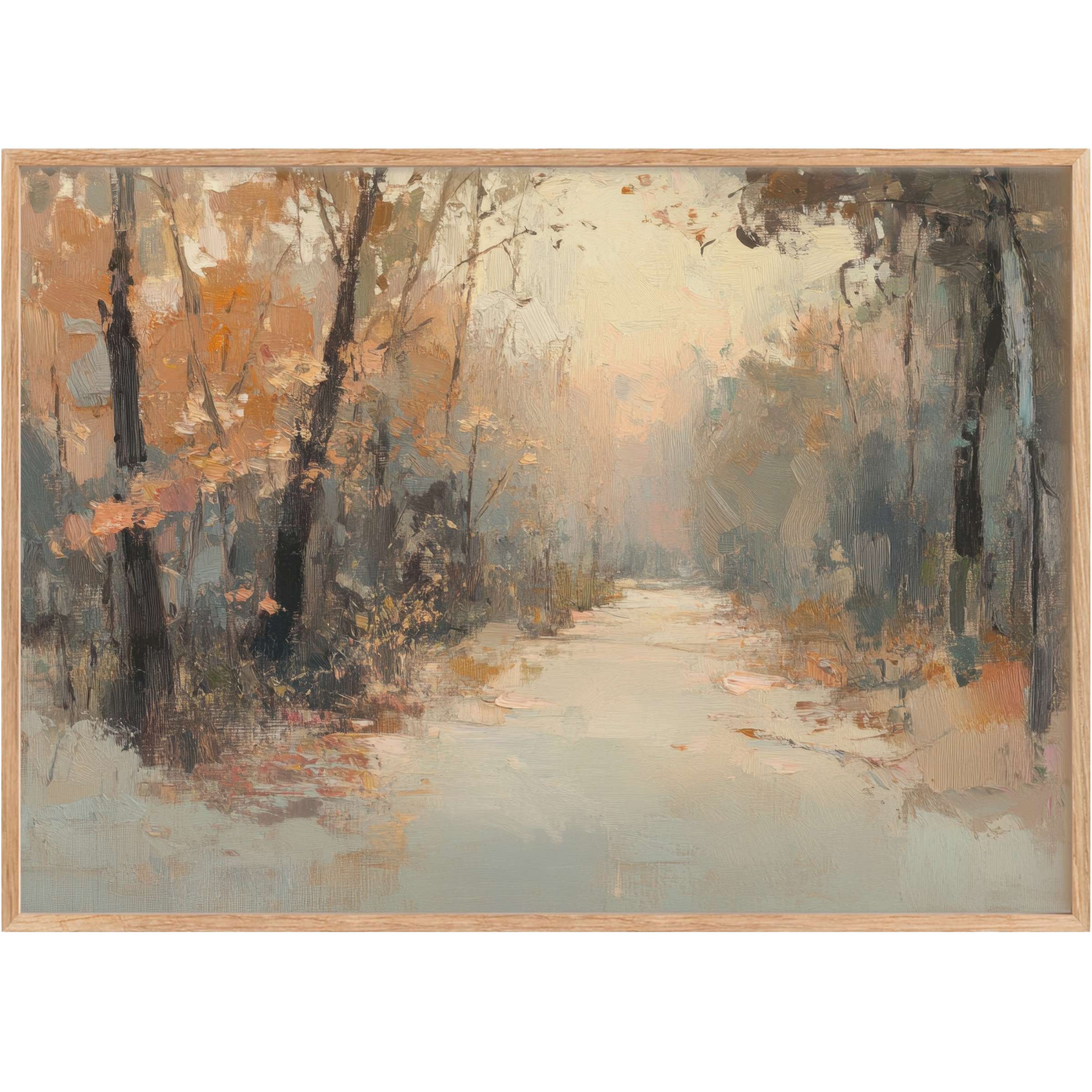 Fall printable wall art capturing a serene forest path in muted golds and soft grays, evoking calm and timeless elegance