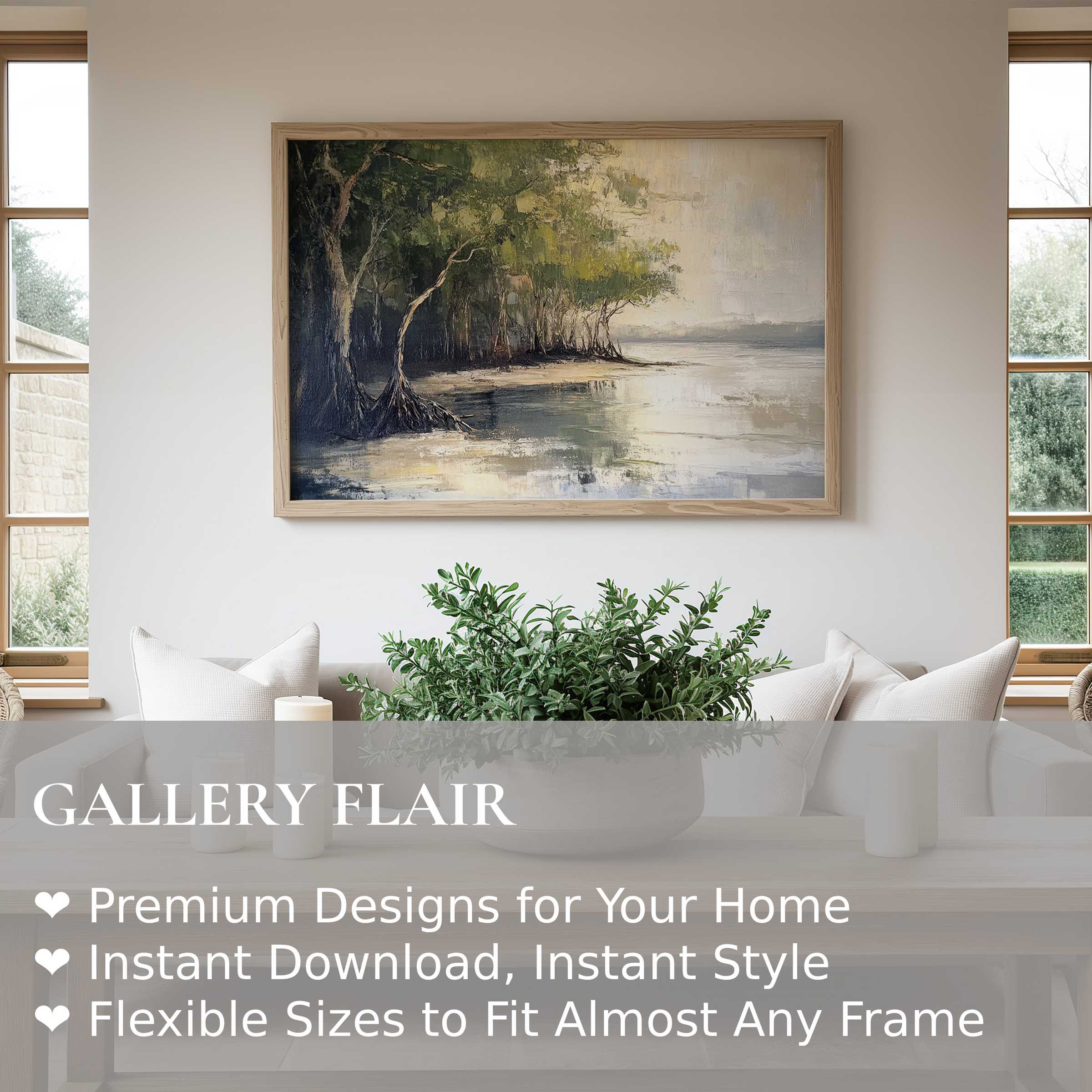 Calming beach wall art print with soft coastal tones and serene mangroves, enhancing modern minimalist living spaces
